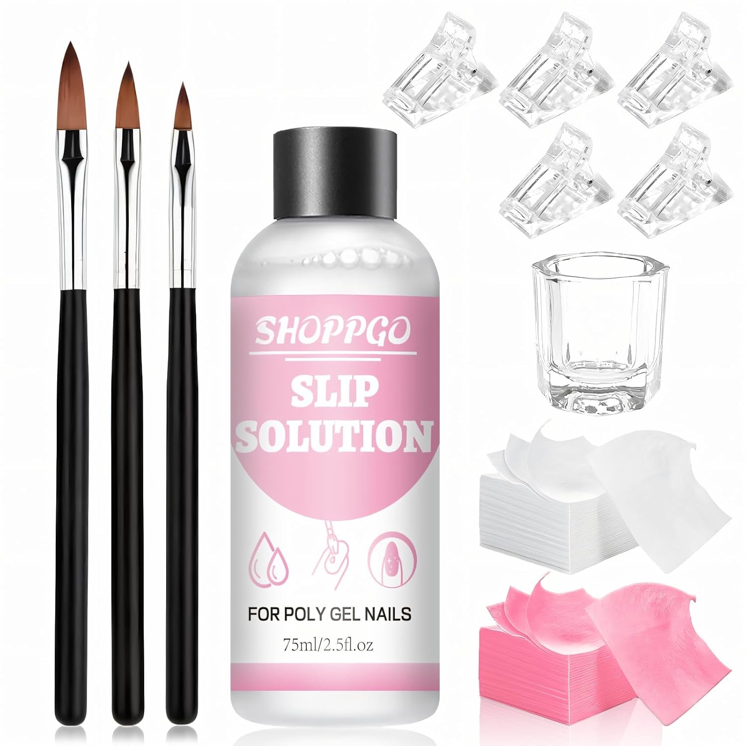Polygelový roztok na rovnání nehtů, sada na nehty Polygel Slip Solution, roztok na rovnání nehtů 75 ml, obsahuje 5 klipů na nehty, 3 kartáčky na nehty, 1 křišťálový kelímek, 100 čisticích listů