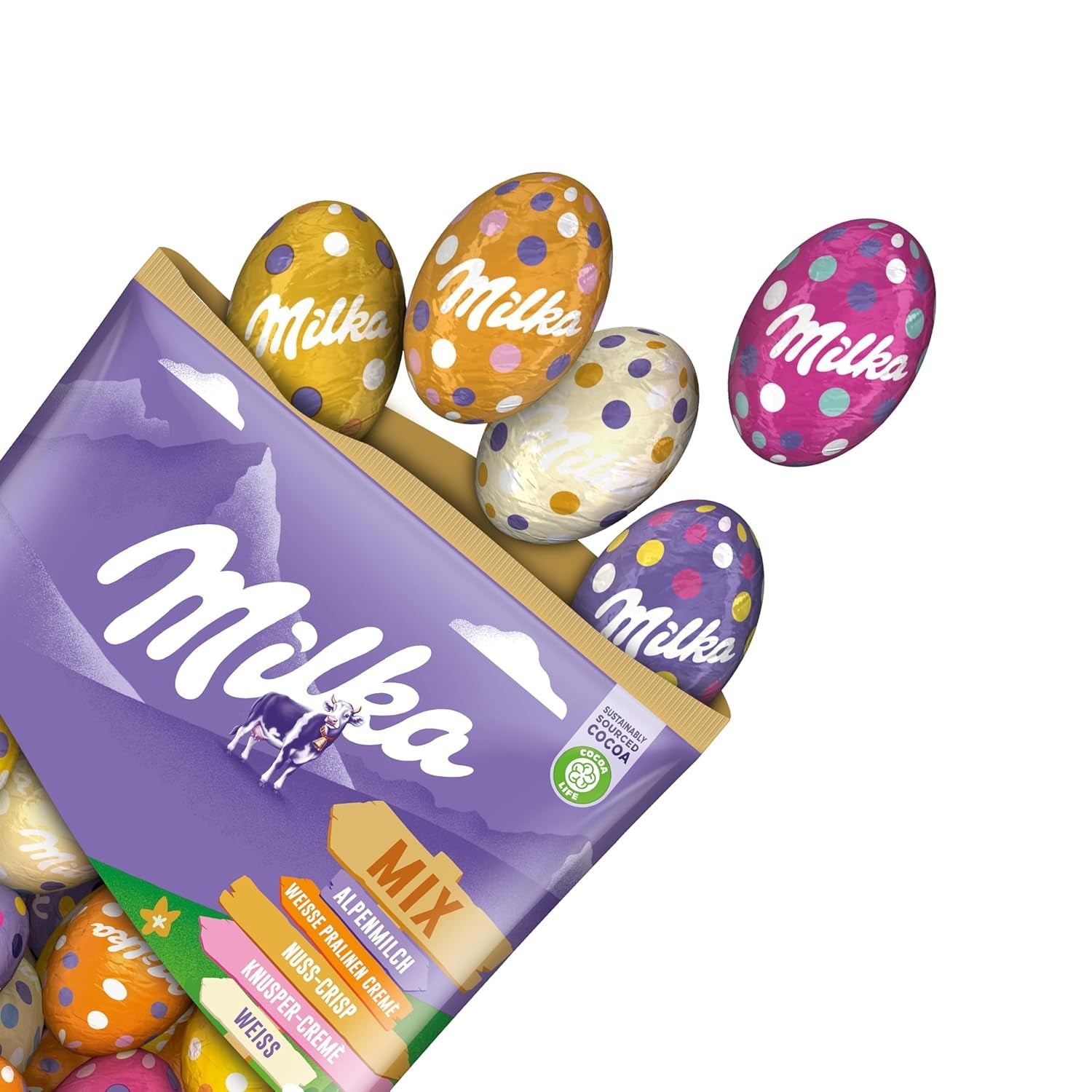 Směs na vajíčka Milka - Barevná směs plněných čokoládových vajíček na Velikonoce, v pěti variantách - 350g