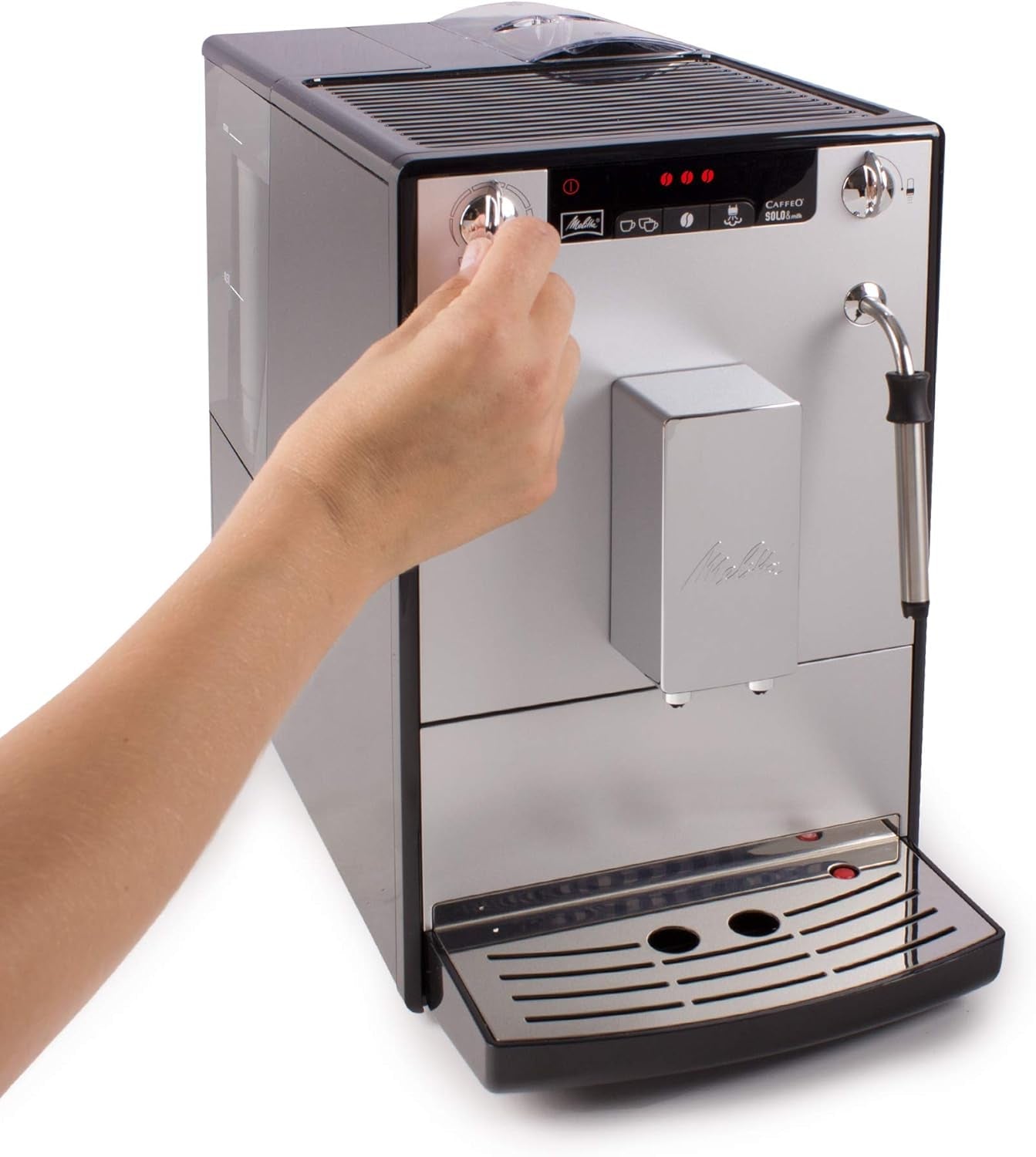Melitta Solo & Milk - plně automatický tenký kávovar s napěňovačem mléka, kávovar s vyjímatelnou nádržkou na vodu, kupř. káva nebo cappuccino, stříbro
