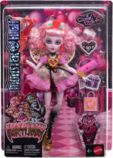 Panenka Monster High Scary Sweet Birthday Cupid Asteria v růžových a červených společenských šatech s tematickými doplňky, jako je pozvánka, balónek, dárek a další, JBG77