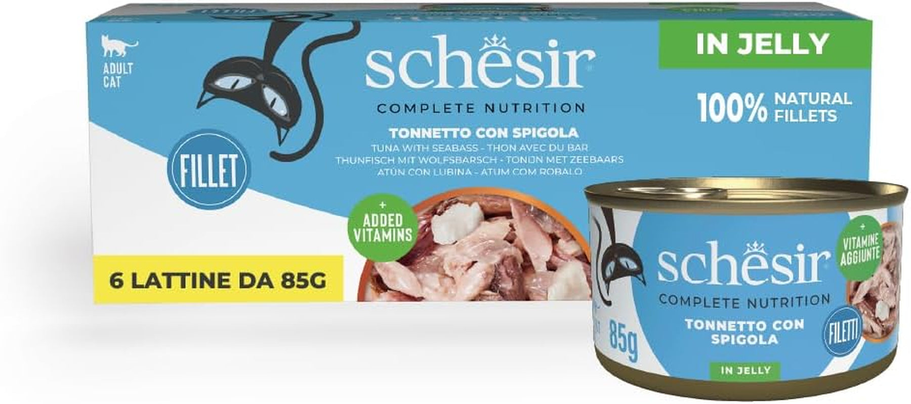 Tuňák obecný v želé, kompletní mokré krmivo pro kočky, v konzervě, s přidanými vitamíny, 100% přírodní, 6 x 85 g