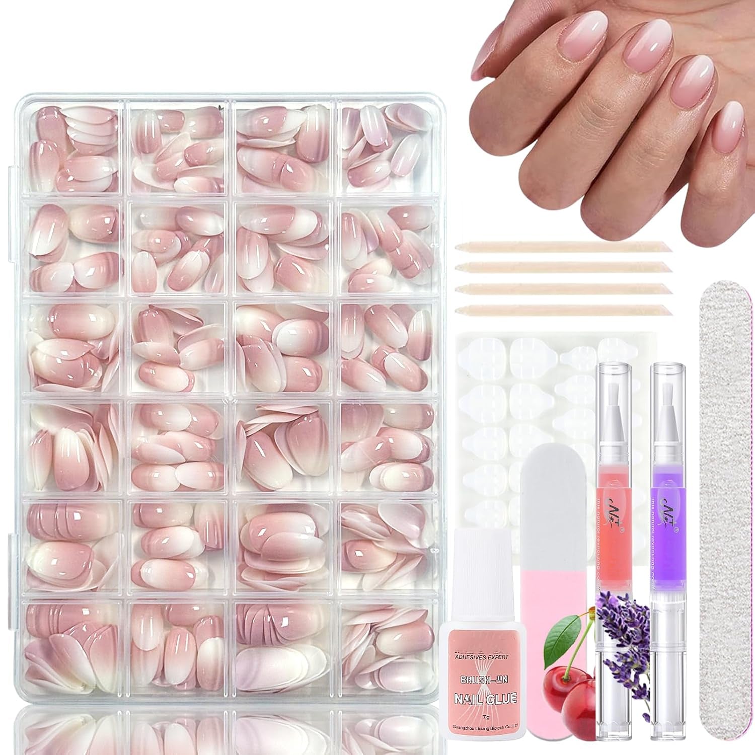 360ks Gradient Ballerina False Nails Set, růžová bílá Gradient nalepovací umělé nehty s 2ks tužky na nehty, střední umělé nehty Ombre pro ženy DIY