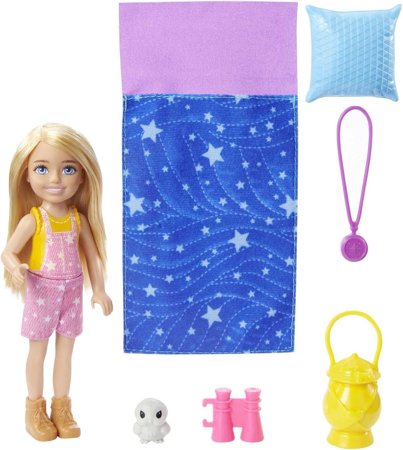 Série Barbie Chelsea, Kempování panenky Chelsea s blond vlasy, Sova, Spací pytel, Polštář, Baterka, Dalekohled, Doplňky pro kempování, Dárek pro děti, Hračka od 3 let, HDF77