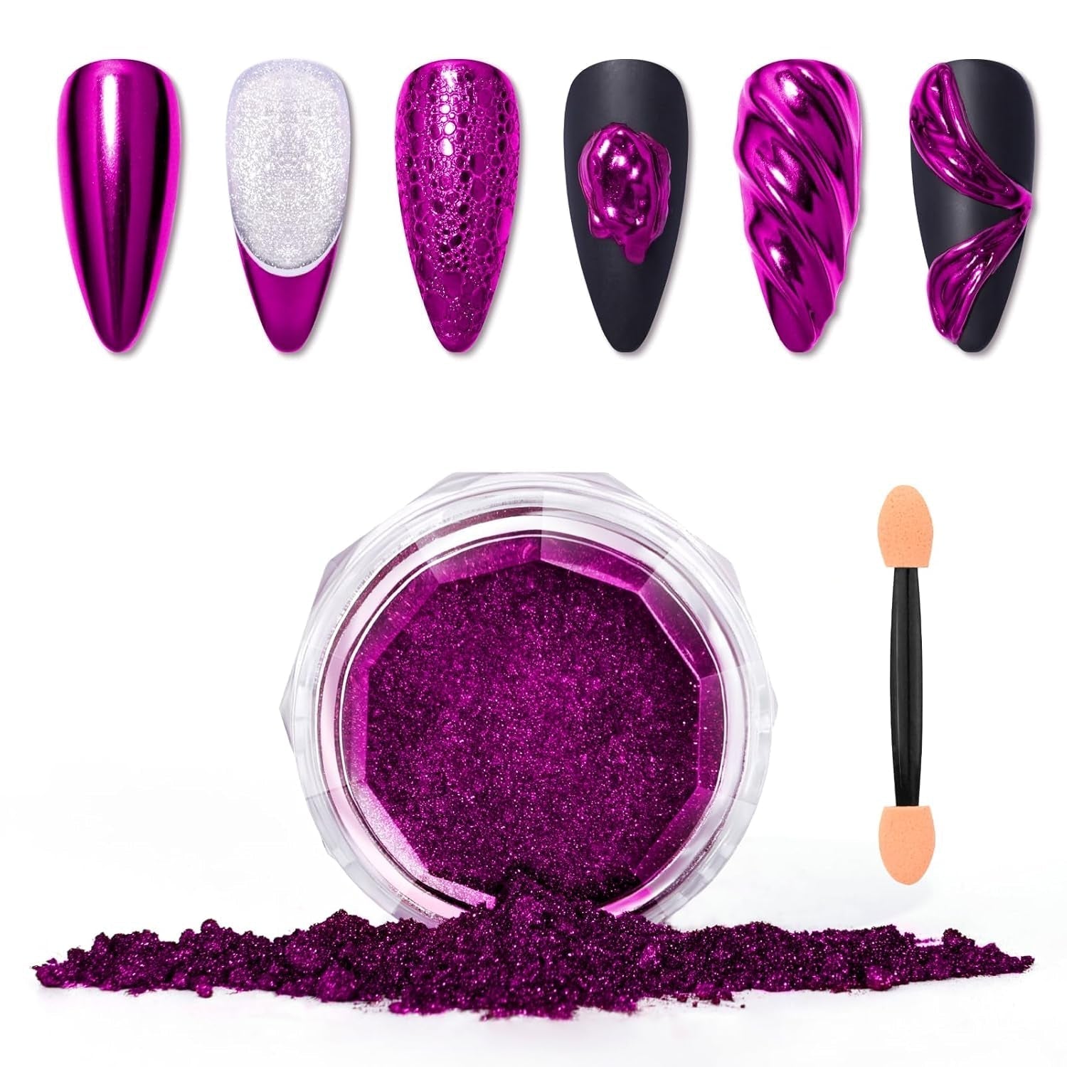 Saviland Chrome Powder Powder Set – růžový laserový chromový prášek na nehty se zrcadlovým efektem laserové zdobení nehtů, dekorativní pudr na manikúru se třpytkami s houbičkami, třpytivý prášek na nehty v nehtovém salonu