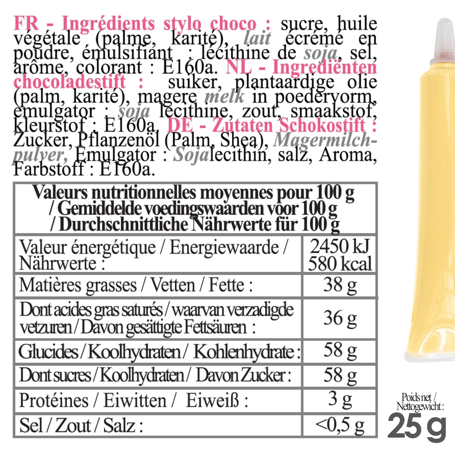 Scrapcooking - Pastelově žluté cukrové pero - Žlutý psací cukr 25g - Dekorativní jedlé cukrové pero - Psaní a kreslení - Označování fondán, poleva, dorty - 6804