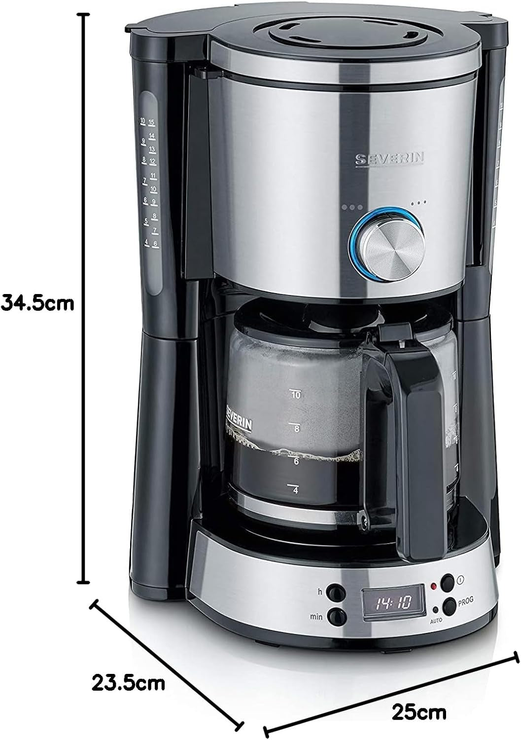 Espresso kávovar SEVERIN "TypeSwitch" se skleněnou karafou a časovačem, AromaSwitch pro výběr 2 možností spařování, digitální hodiny s funkcí časovače, až 10 šálků, 1000W, kartáčovaná nerez-černá, KA 4826