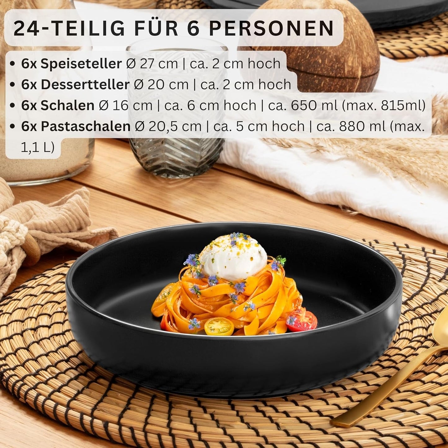SÄNGER Madeira | 24dílná kombinovaná sada jídelního nádobí, sada kameninového nádobí pro 6 osob, 6 talířů, 6 snídaňových talířů, 6 talířů, 6 misek na těstoviny, sada nádobí a misek, matná černá | SBÍRKA HODNOT