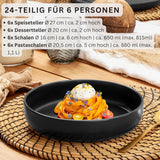 SÄNGER Madeira | 24dílná kombinovaná sada jídelního nádobí, sada kameninového nádobí pro 6 osob, 6 talířů, 6 snídaňových talířů, 6 talířů, 6 misek na těstoviny, sada nádobí a misek, matná černá | SBÍRKA HODNOT