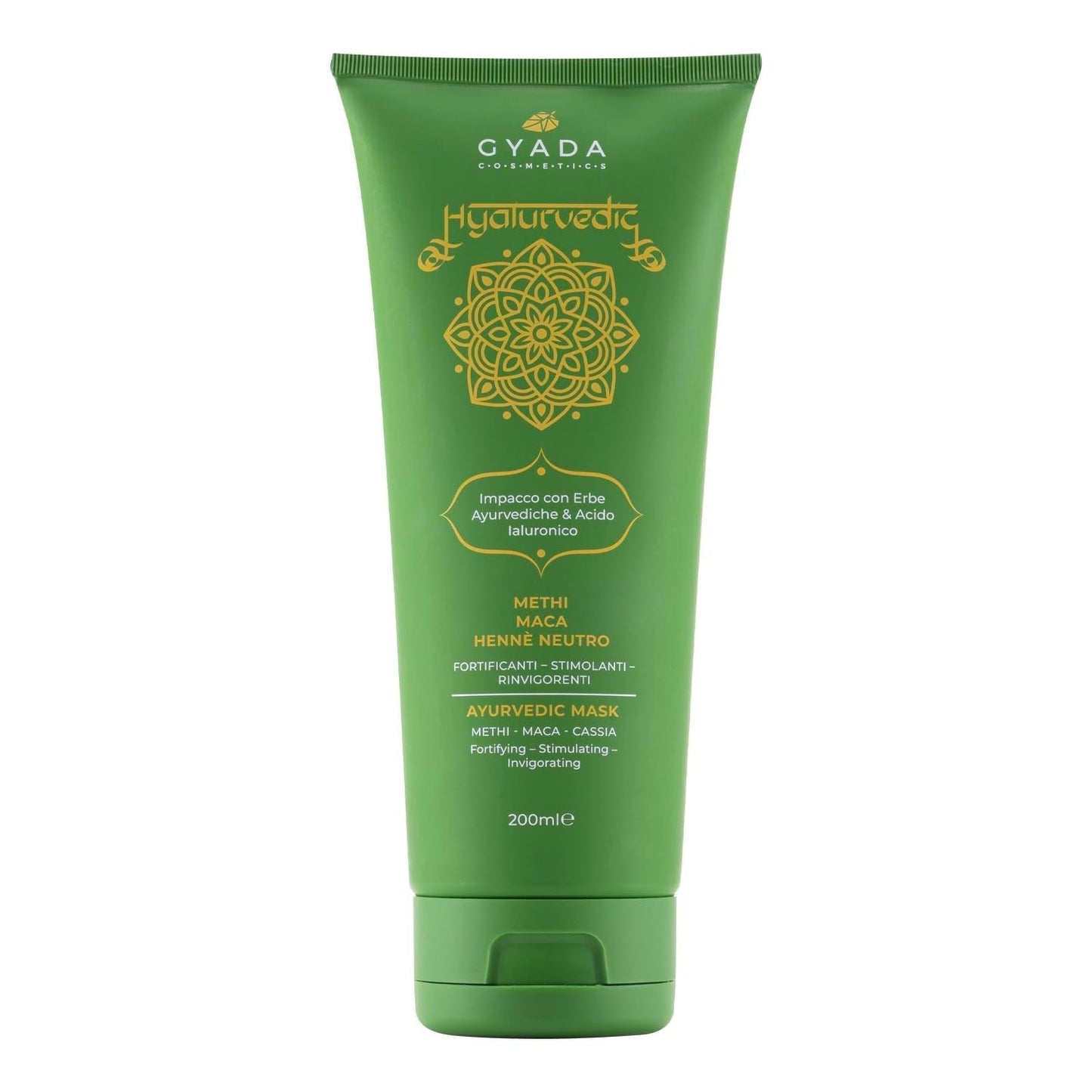 GYADA COSMETICS Hyalurvédský posilující ajurvédský obklad, profesionální ošetření pro jemné a slabé vlasy, Anti-Frizz s methi, Maca, neutrální henna, 200 ml Naty Shop vlasová maska Výchozí název