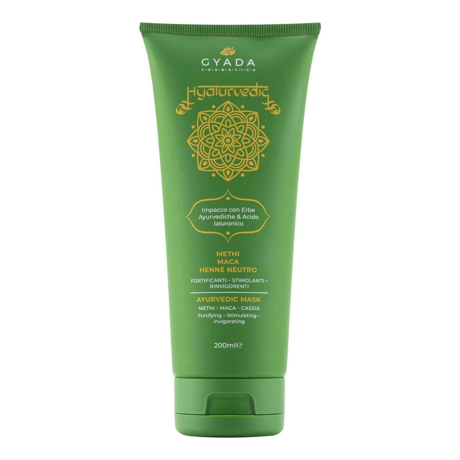 GYADA COSMETICS Hyalurvédský posilující ajurvédský obklad, profesionální ošetření pro jemné a slabé vlasy, Anti-Frizz s methi, Maca, neutrální henna, 200 ml Naty Shop vlasová maska Výchozí název