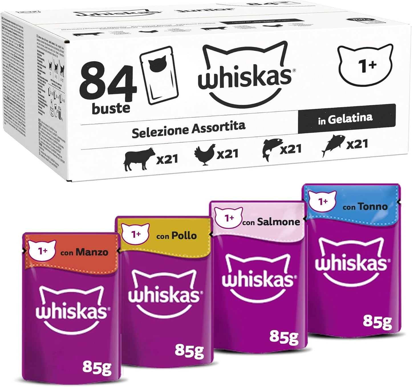 Whiskas Adult Wet Food 1+ Mixed Selection in Jelly, 84 sáčků, 84x85g (1 velké balení) – Vysoce kvalitní mokré krmivo pro dospělé kočky