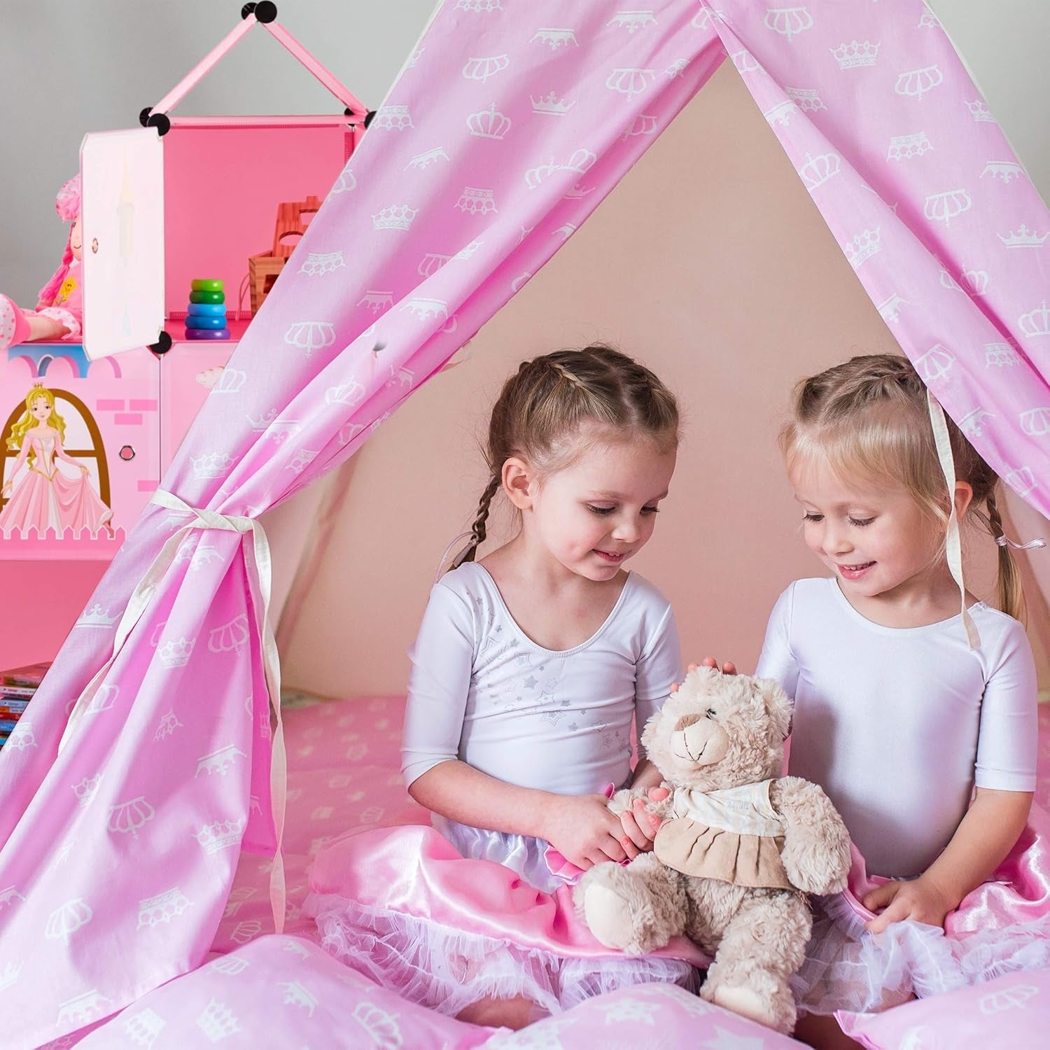 Modulová polička Relaxdays do dětského pokoje, design princess castle, plast, DIY skříňka s dvířky, HL: 128 x 110 x 37 cm, růžová