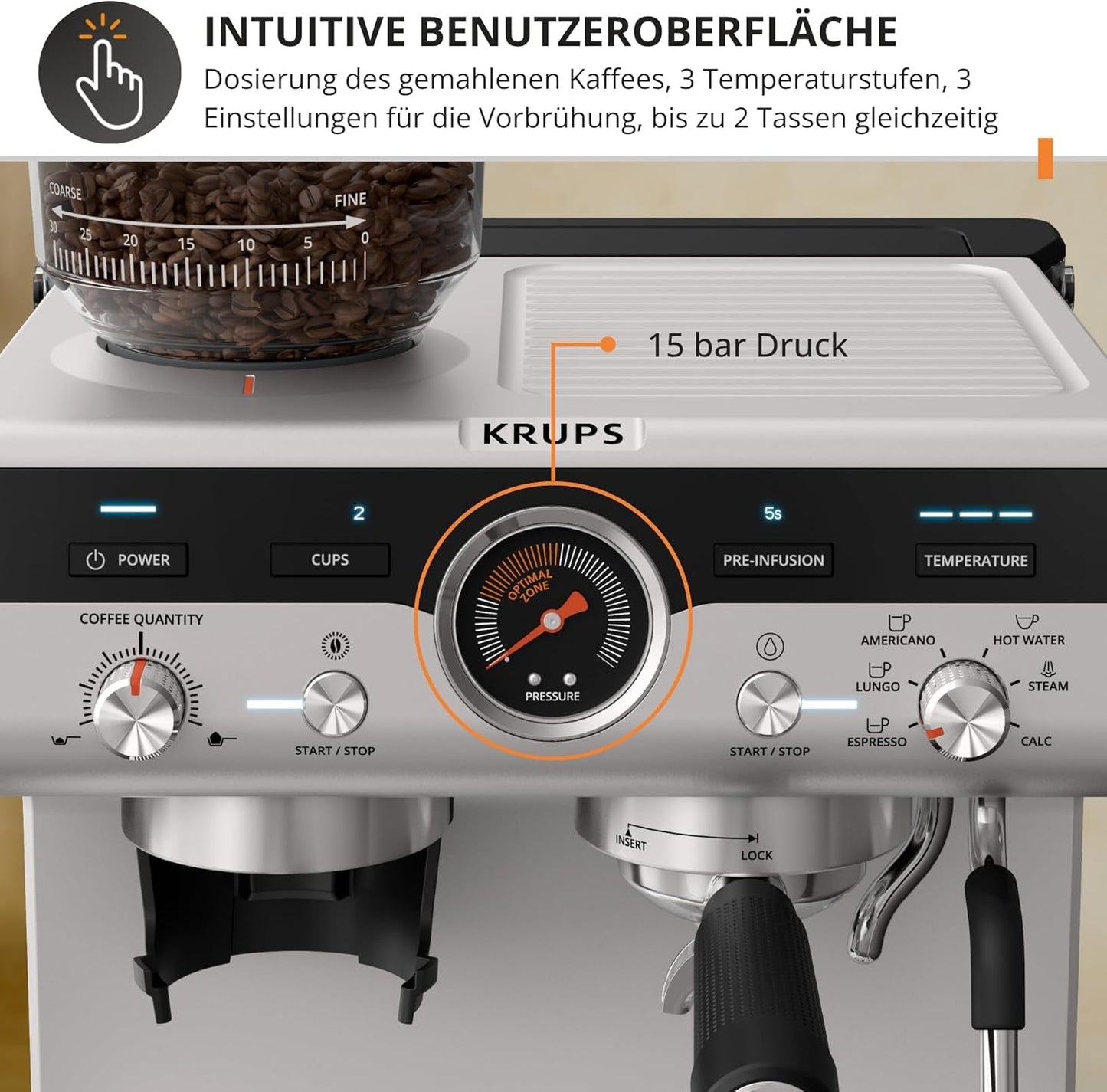 Krups Precision manuální espresso kávovar s portafiltrem a mlýnkem, baristický kávovar s intuitivním ovládacím panelem, nastavení předinfuze, espresso kávovar s parní tryskou, rychlý ohřev, XP801T10