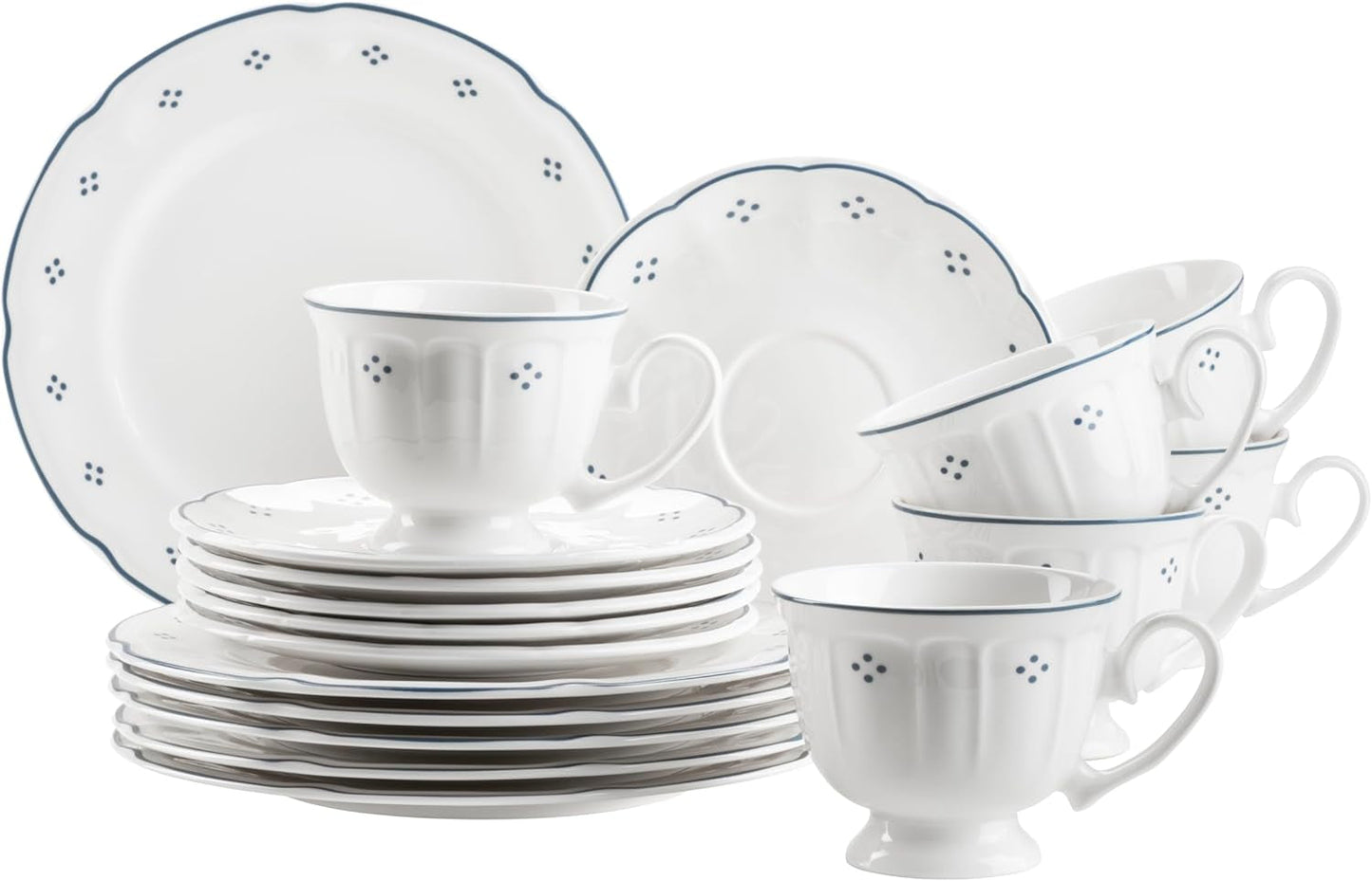 Mäser Lova Series 18dílný porcelánový kávový servis – 6 dezertních talířků (19,5 cm), 6 šálků (19 cl) a 6 podšálků (15,5 cm), modrá