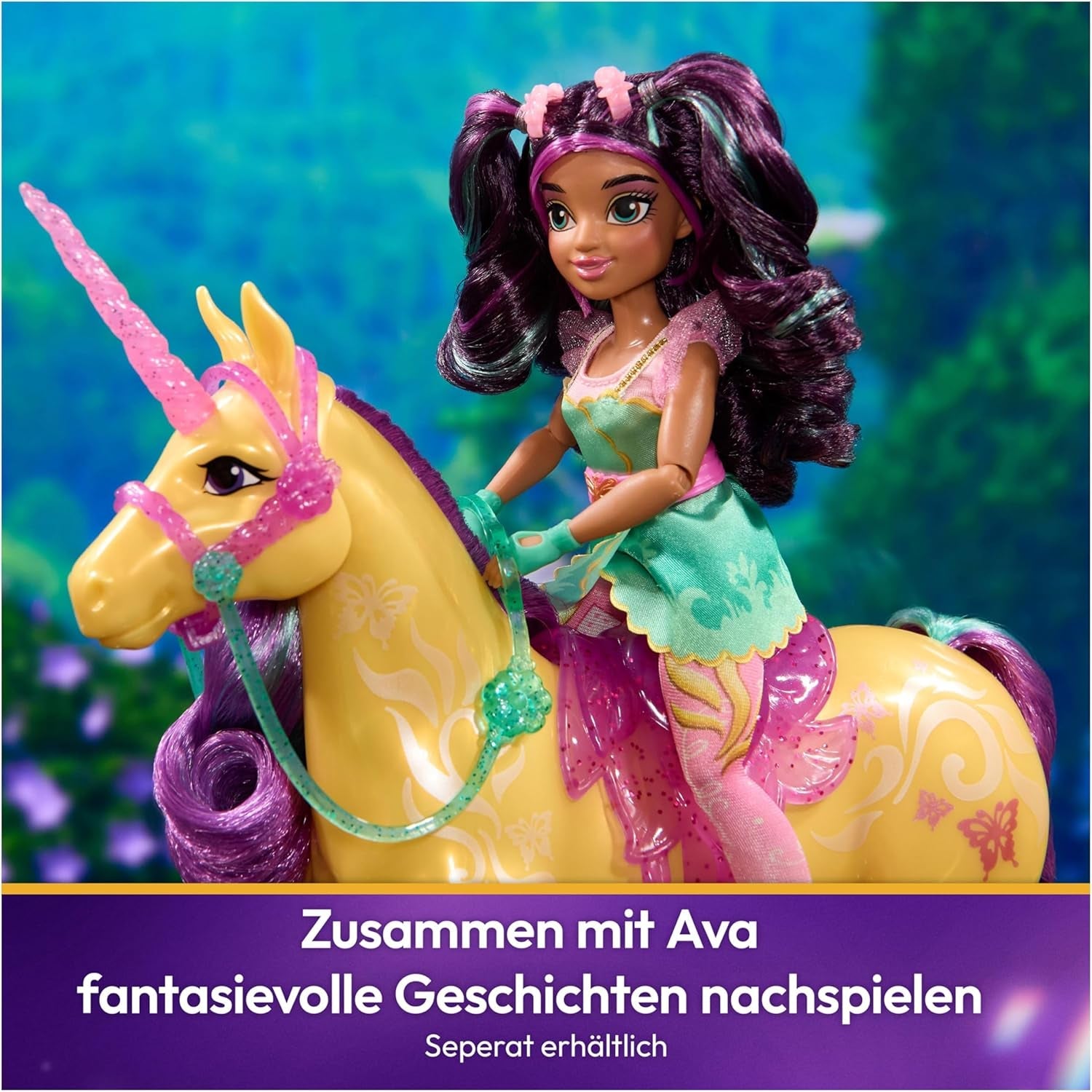 Unicorn Leaf Unicorn Academy - 28 cm vysoký originální jednorožec Ava ze série Netflix se skutečnou hřívou a ocasem, odnímatelnou uzdou a sedlem a kartáčem, pro děti od 4 let