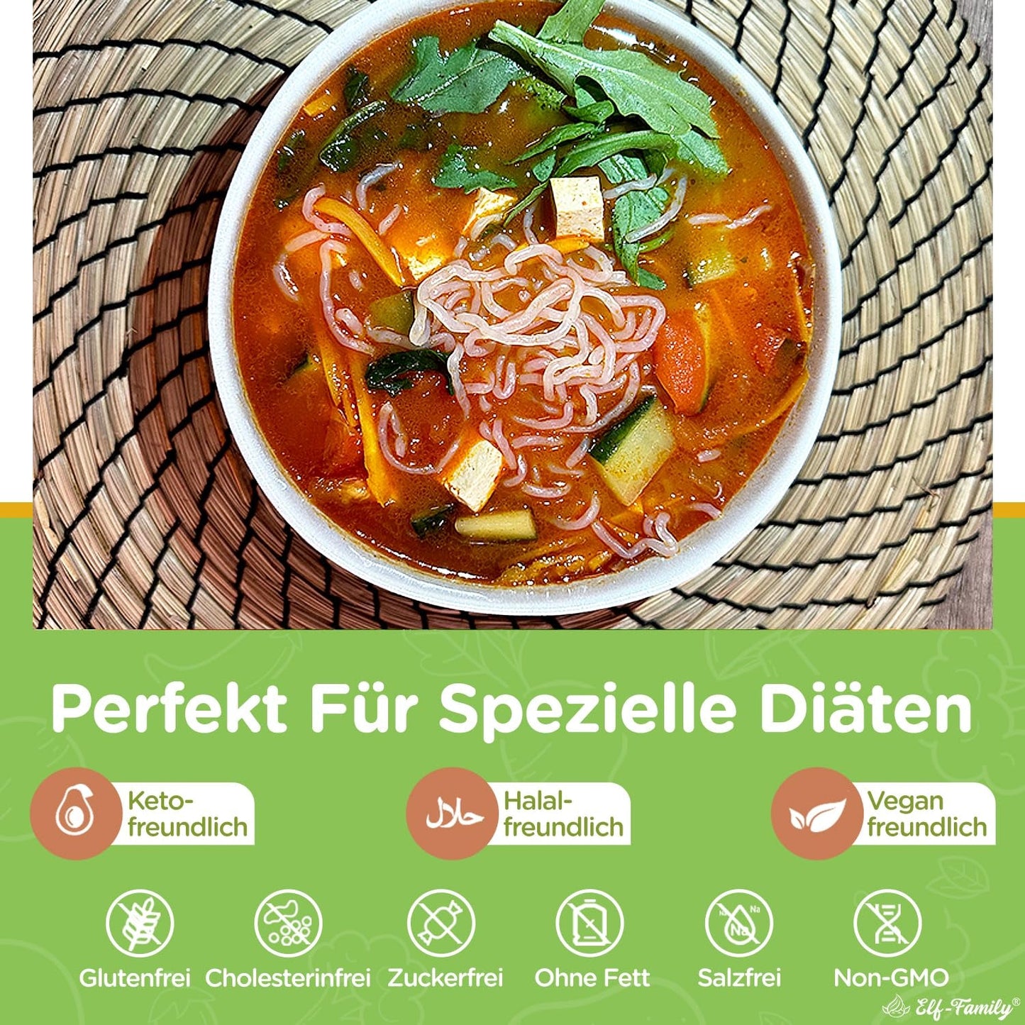 Elf-Family 270g x6er Box (12 balení) Bio Konjak Nudeln Ultra Low Carb Shirataki Nudeln Vegan Bezlepkové-Instantní Nudeln bez kohlenhydrátu/Keto/Kalorienarme/Fettfrei/Zuckerfrei -Spaghetti MHD/202/11