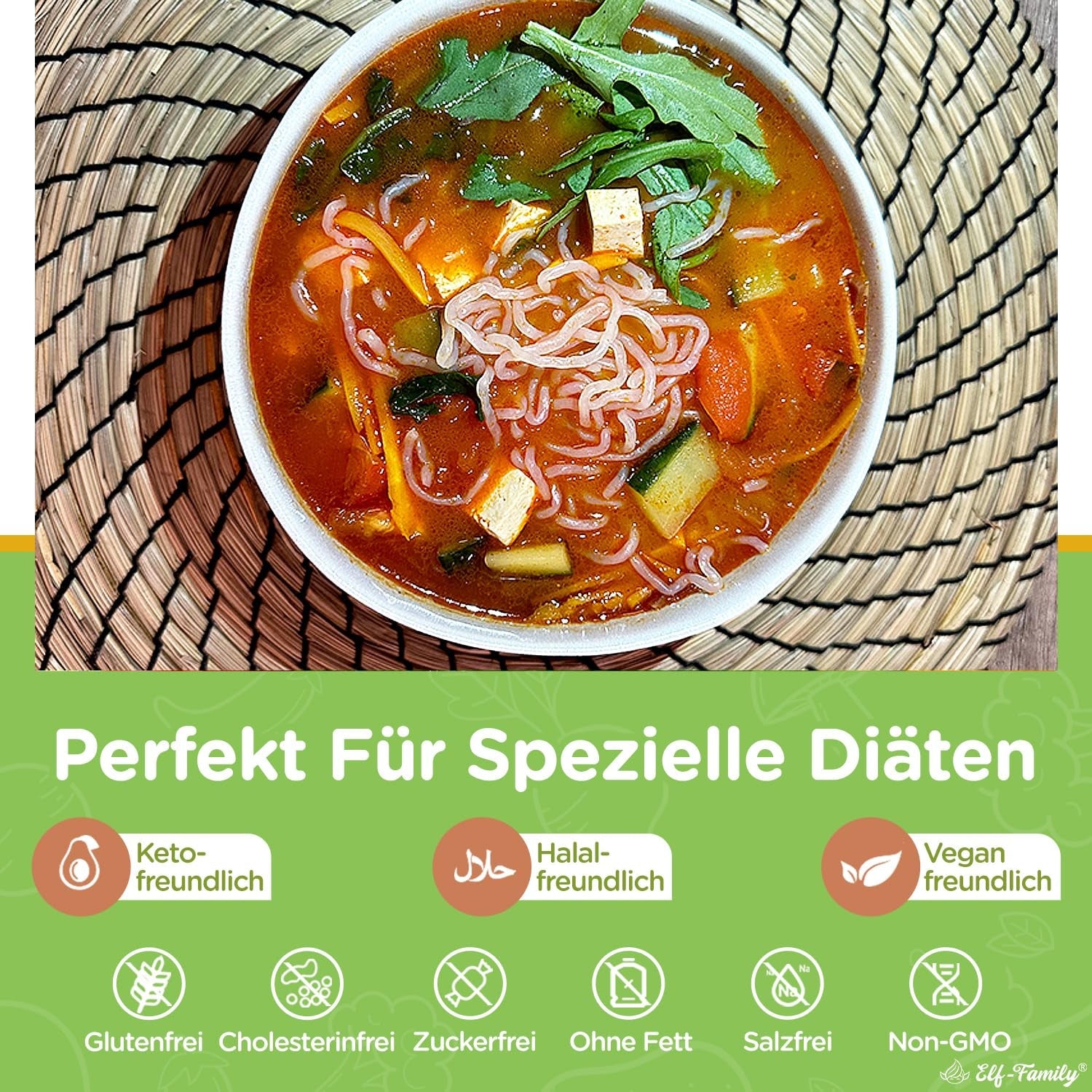 Elf-Family 270g x6er Box (12 balení) Bio Konjak Nudeln Ultra Low Carb Shirataki Nudeln Vegan Bezlepkové-Instantní Nudeln bez kohlenhydrátu/Keto/Kalorienarme/Fettfrei/Zuckerfrei -Spaghetti MHD/202/11