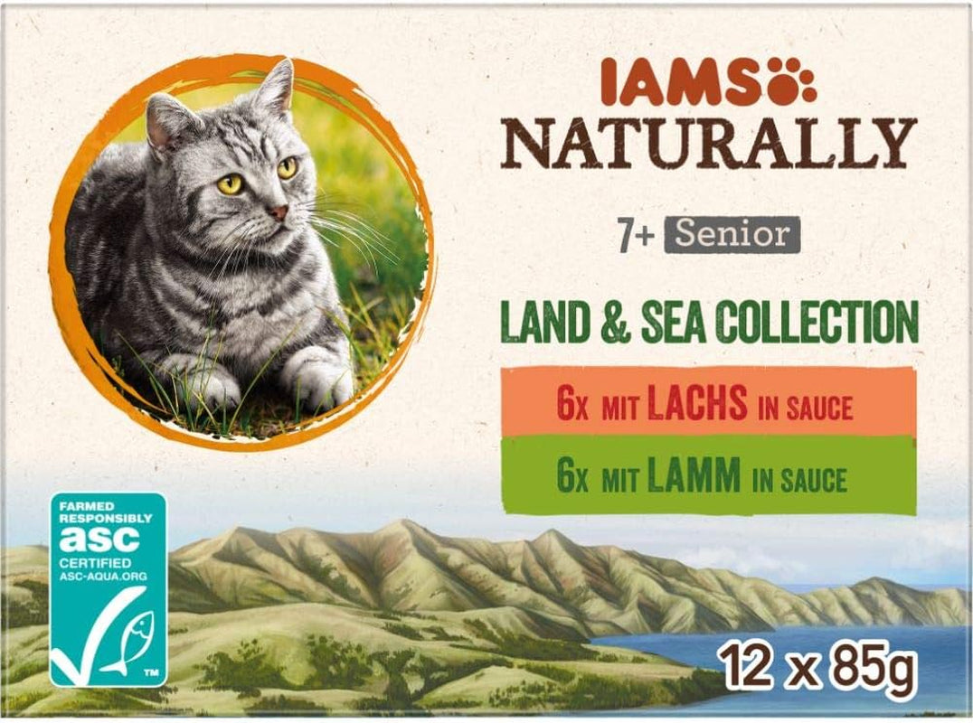 IAMS Naturally Senior Mokré krmivo v omáčce - Vysoce kvalitní mokré krmivo pro maso a ryby pro starší kočky, Land & Sea Collection, 12 x 85 g