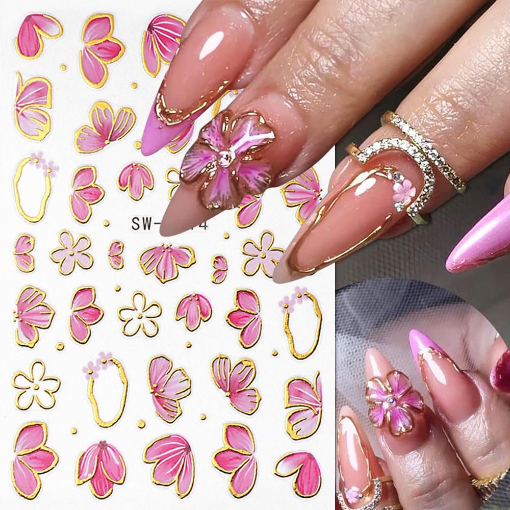 Zlatá Linie Schieber Rosa Samolepka na nehty Blumen 3D Květina Samolepka na nehty Sakura Blütenblätter Blumen Nagelaufkleber Frühling Summer Floral Nagel Sticker Květiny Samolepky na nehty Nageldesign Zubehör Nail Art
