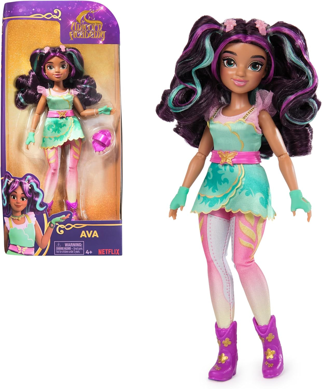 Unicorn Academy Ankleidepuppe Ava - originální loutka pro věrné Netflix-Serie, 24 cm groß and mit 7 Doplňky pro fantasievolles Rolenspiel, pro Kinder ab 4 Jahren