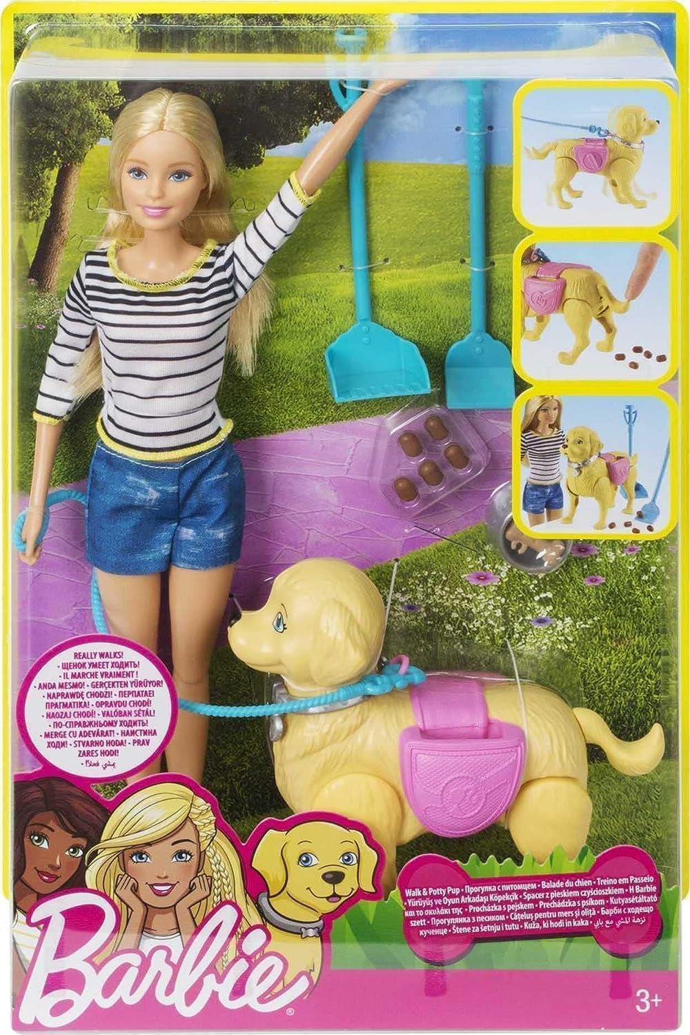 Panenka Barbie Walk and Nočník, Blond panenka s chodícím psem, Lžíce na hovínka, Doplňky včetně pejska pro panenku, Dárek pro děti, Hračka pro 3 roky a více, DWJ68