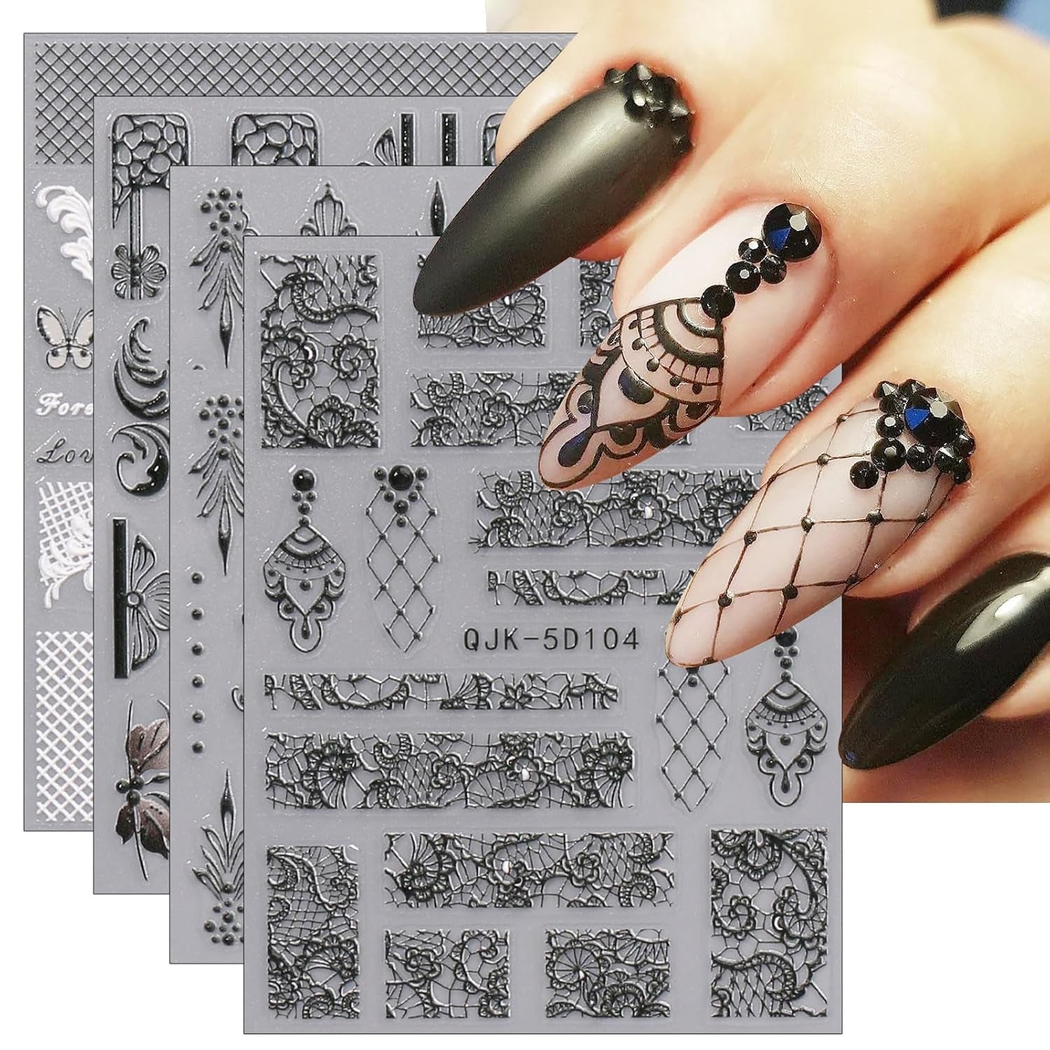 JMEOWIO 3D Nálepka na nehty Schwarz Weiß Blume Nálepka na nehty Selbstklebend Nagelaufkleber 5D Stereoskopisch Blumen Dekoration Nageldesign Zubehör 4 Blatt