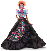 Podpisová panenka Barbie, Sběratelská figurka Día De Muertos 2024 v černých šatech a modrém nařaseném topu, vyšívaný potisk a barevné doplňky, HRM72