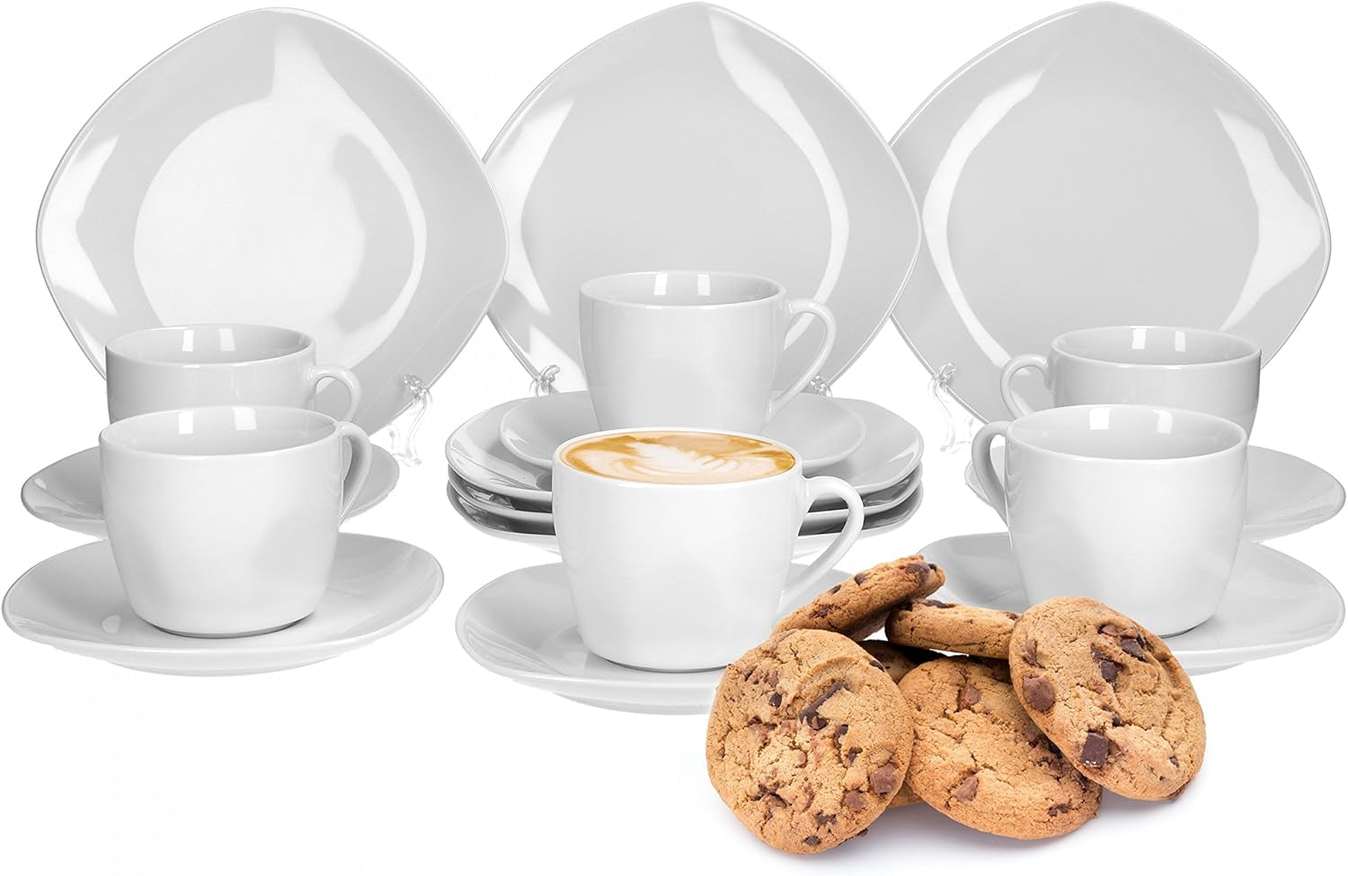 Van Well Lilli Coffee Service pro 12, 36dílnou sadu čtvercového bílého porcelánového nádobí se zakřivenými hranami pro dokonale uspořádaný konferenční stolek - Lze mýt v myčce