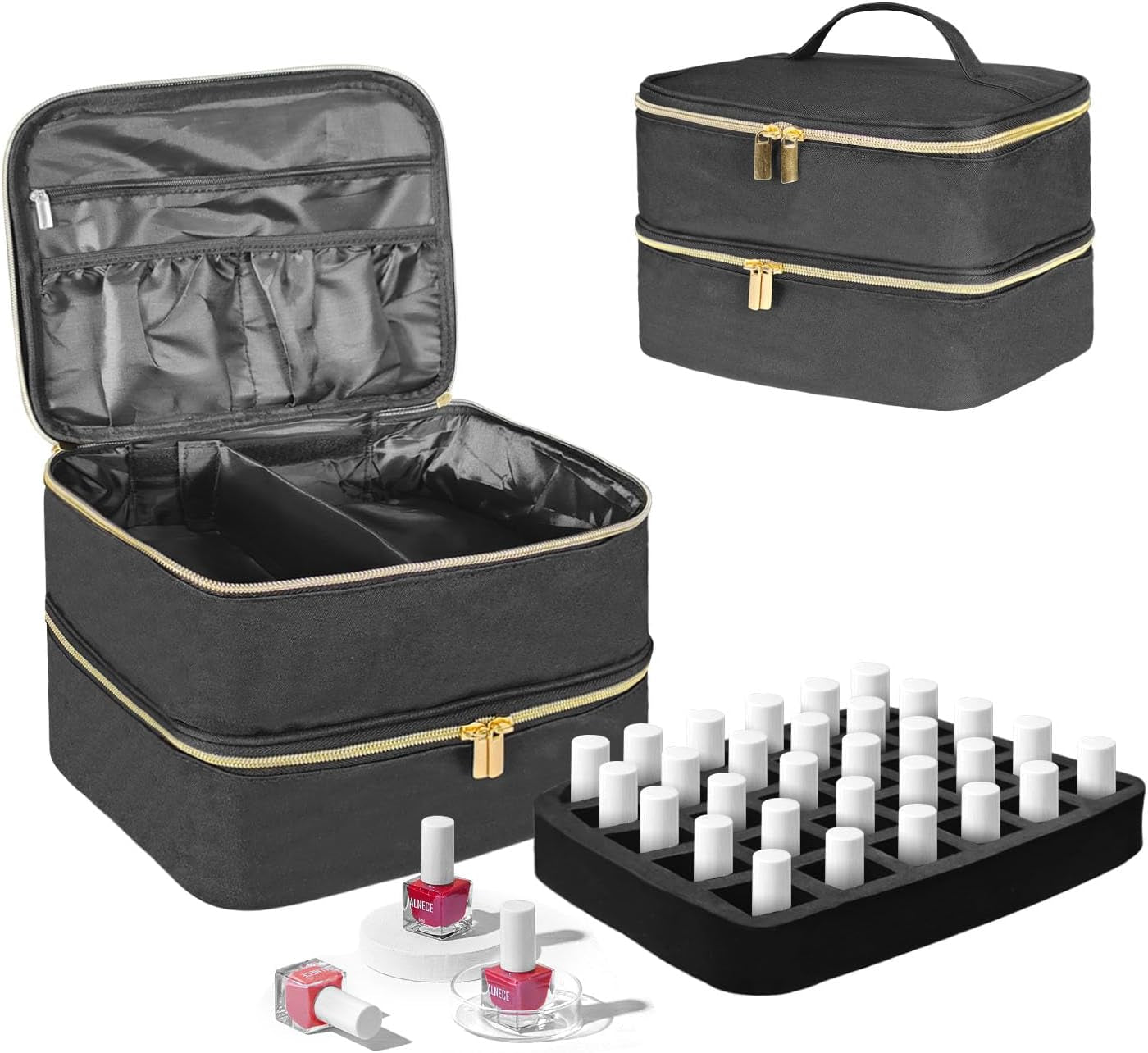 Tasche s organizérem laku na nehty, úložná krabička na lak na nehty Doppelschicht, organizér Koffer Für Nageldesign Kosmetiktasche Für 30 lahviček s neonailovou bází (15 ml-0,5 Fl. Oz) & 1 lampa na nehty (Schwarz)