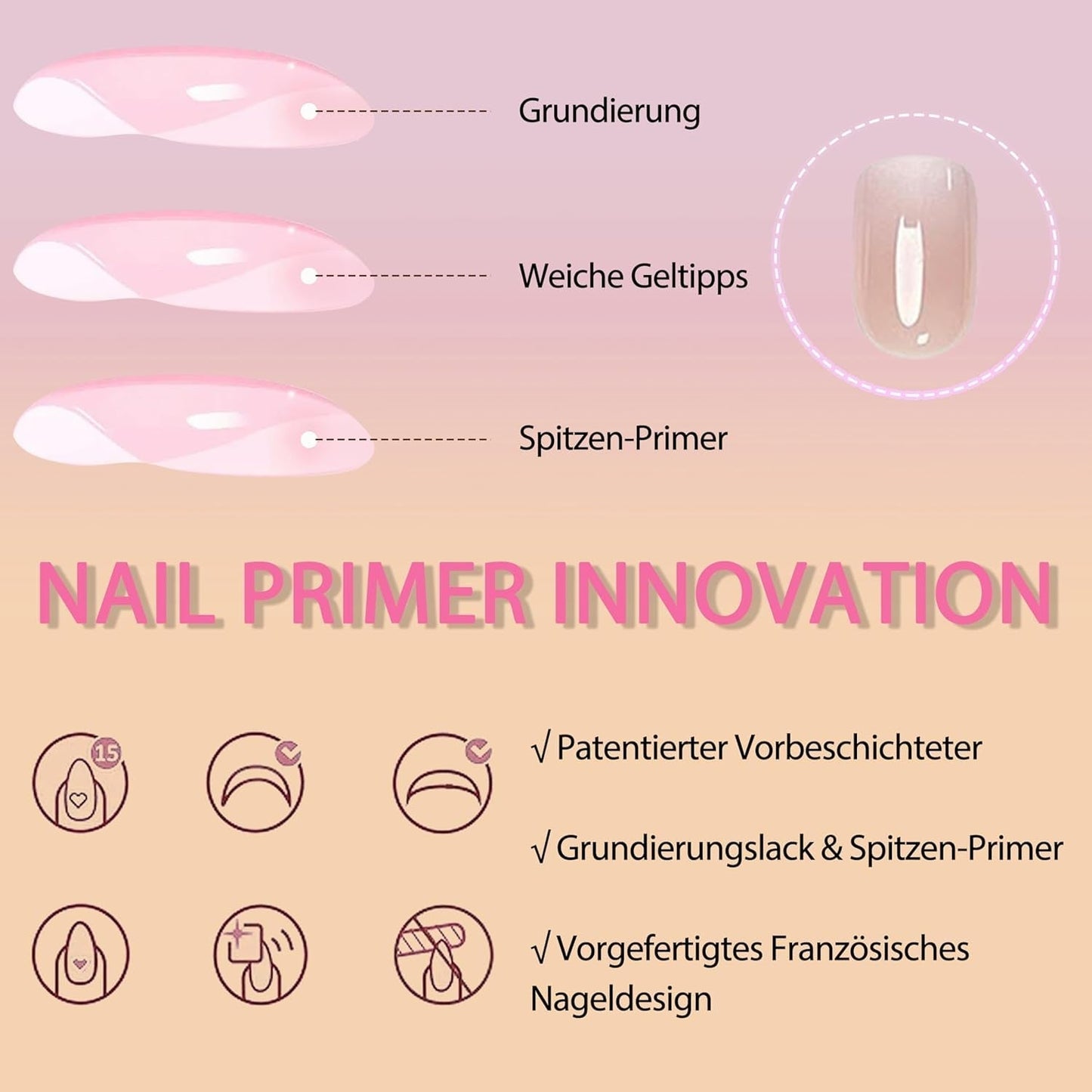 Sada falešných nehtů - 240 ks Krátké čtvercové nehty Model Měkký gel Nude White Gradient Falešné přírodní lepidlo na falešné nehty pro ženy DIY (nahé s přechodem, 240X)