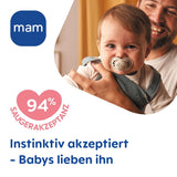 Originální matné dudlíky MAM Day & Night | 6-16 měsíců | Sada dudlíků | Přijetí 94 % | Pomáhá předcházet nežádoucímu zarovnání zubů | Vyvinuto ve spolupráci se zubními lékaři Silicone SkinSoft | Vzor pták/sova | Balení po 4 kusech