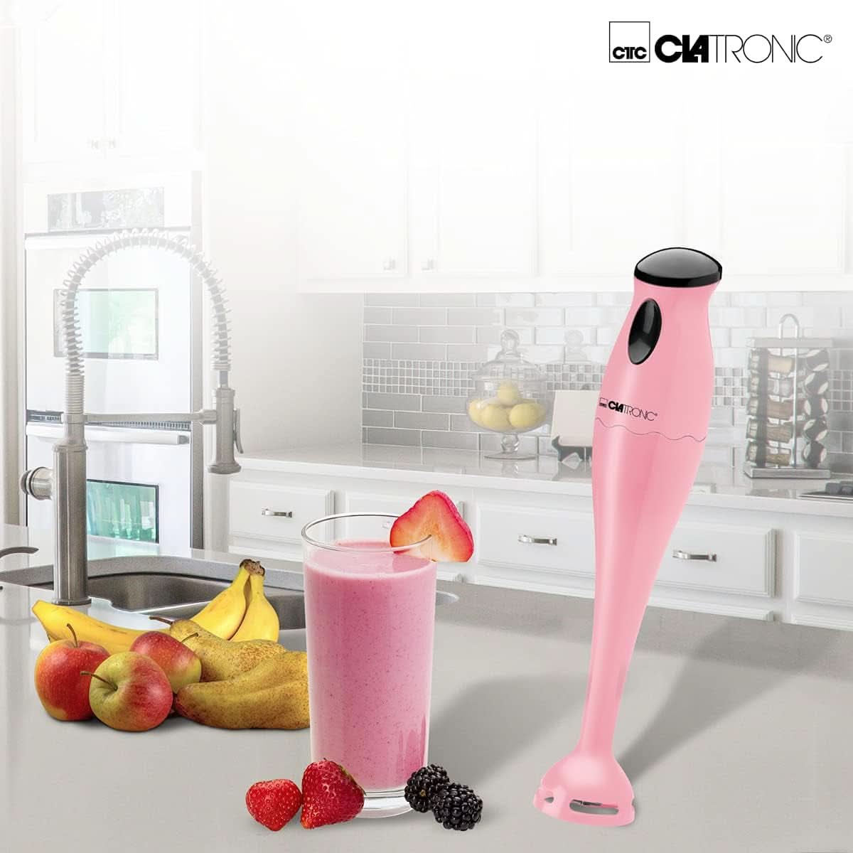 Clatronic Stabmixer/Pürierstab/Blender/Stab-Mixer/Stick/Mixstab SM 3577; Edelstahl-Schlagmesser; Für Smoothie, Kürbispüree, Babybrei, Milchshake; Mit Mixbehälter (500 ml); 180 wattů; Pink Kitchen Naty Shop