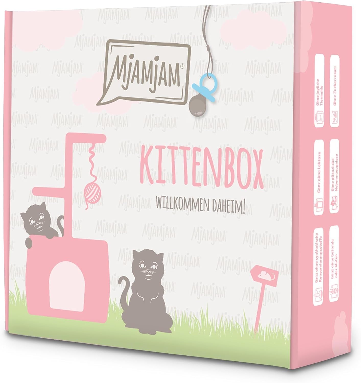 MjAMjAM - Prémiové mokré krmivo pro kočky - Box pro kotě - 3x kuře s lososovým olejem a 3x telecí maso s lososovým olejem, sáček na jídlo, pero, víko krabičky, balení 6 ks (6 x 200 g)