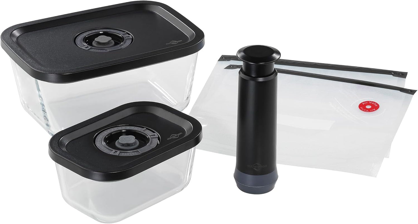 Vakuová souprava Küchenprofi EASYFRESH | Sada 7 kusů | 1x elektrická vakuová pumpa, 1x vakuová dóza S, M a L, 3x vakuové sáčky 22x21 cm | borosilikátové sklo, vysoce kvalitní plast | příprava a skladování Boxy na potraviny Naty Shop Sada vysavačů 5 kusů