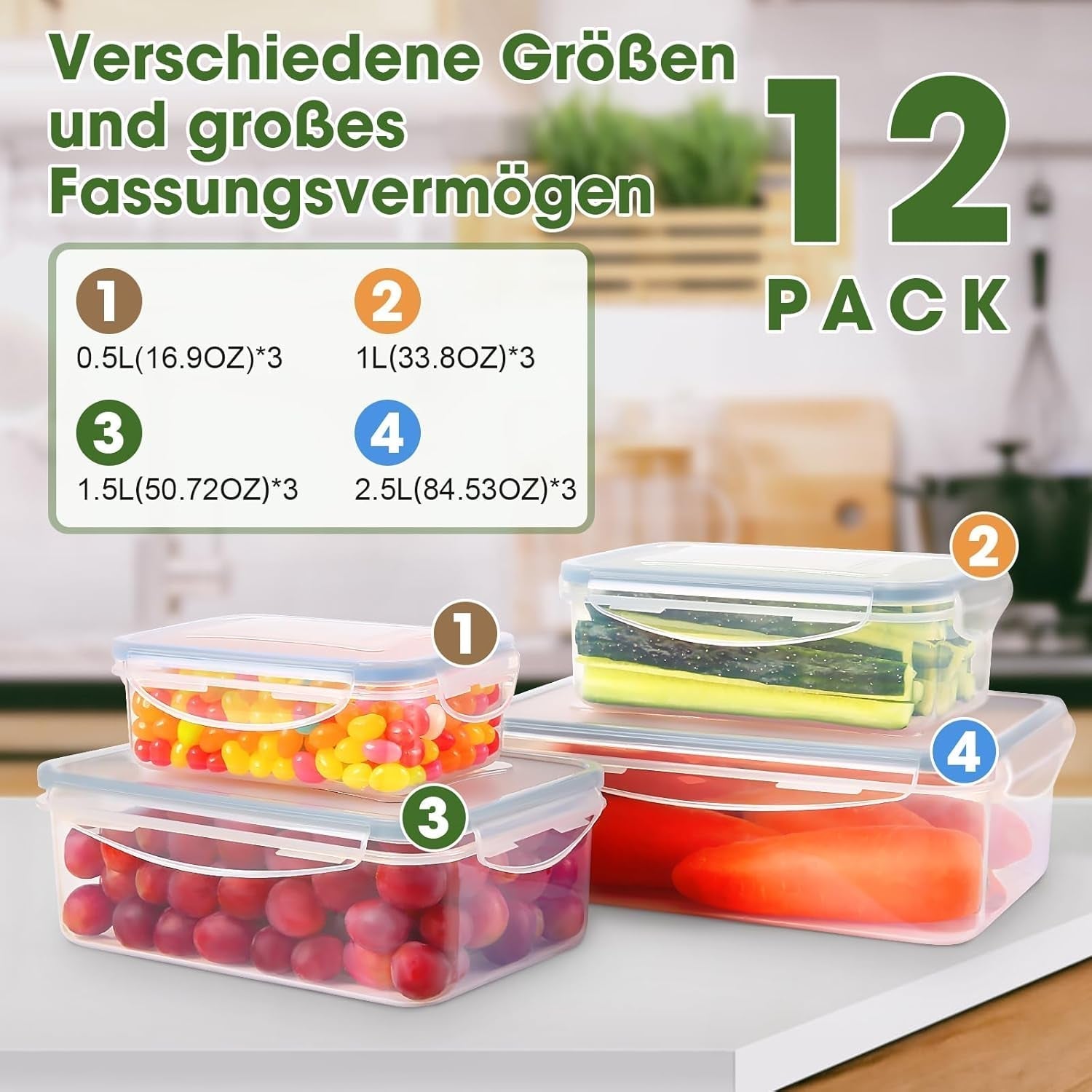 YASHE dóza na potraviny s víkem, 12dílná sada plastových dóz, neobsahuje BPA, 100% nepropustná, stohovatelné, průhledné krabičky na potraviny Naty Shop