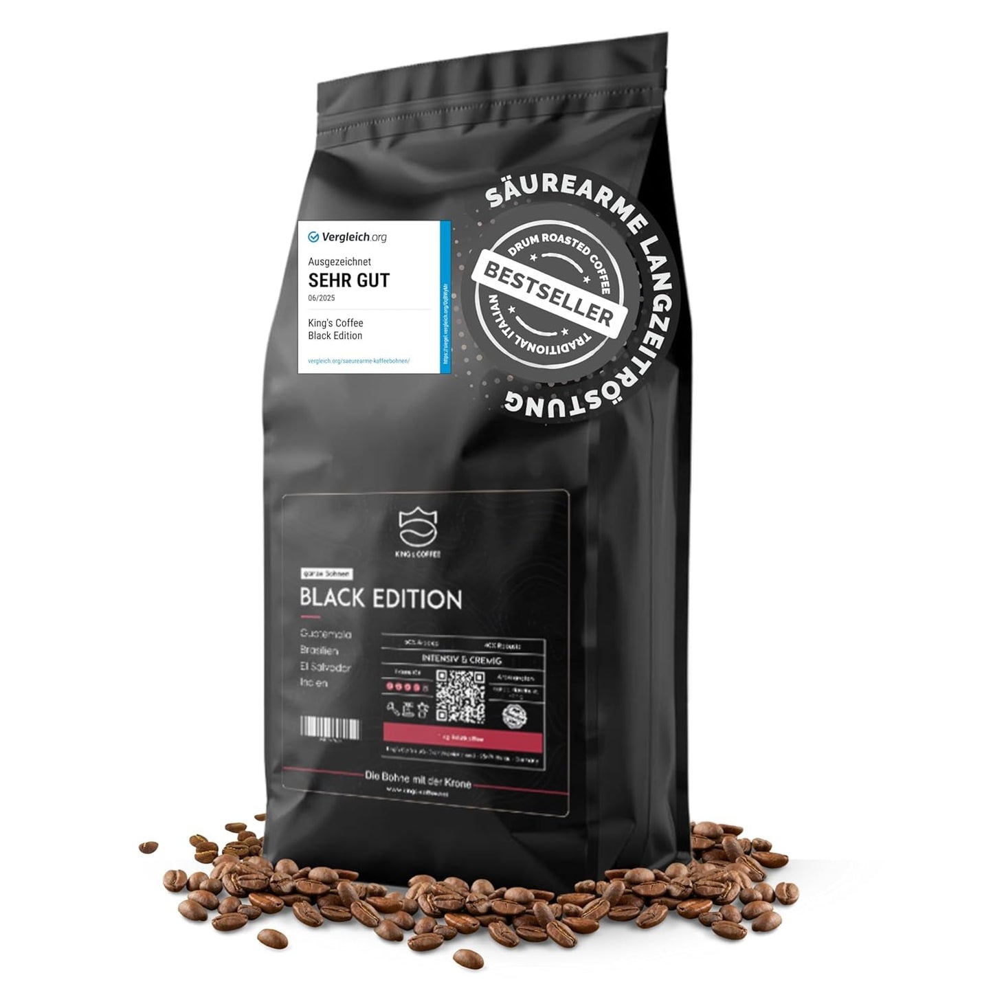 KING'S COFFEE - BLACK EDITION - 1 kg Intense smetanová zrnková káva - Káva s nízkou kyselostí - Malá dávka pražená z Itálie - Silná zrna Arabica Espresso (směs) pro plně automatické a portafiltrační stroje
