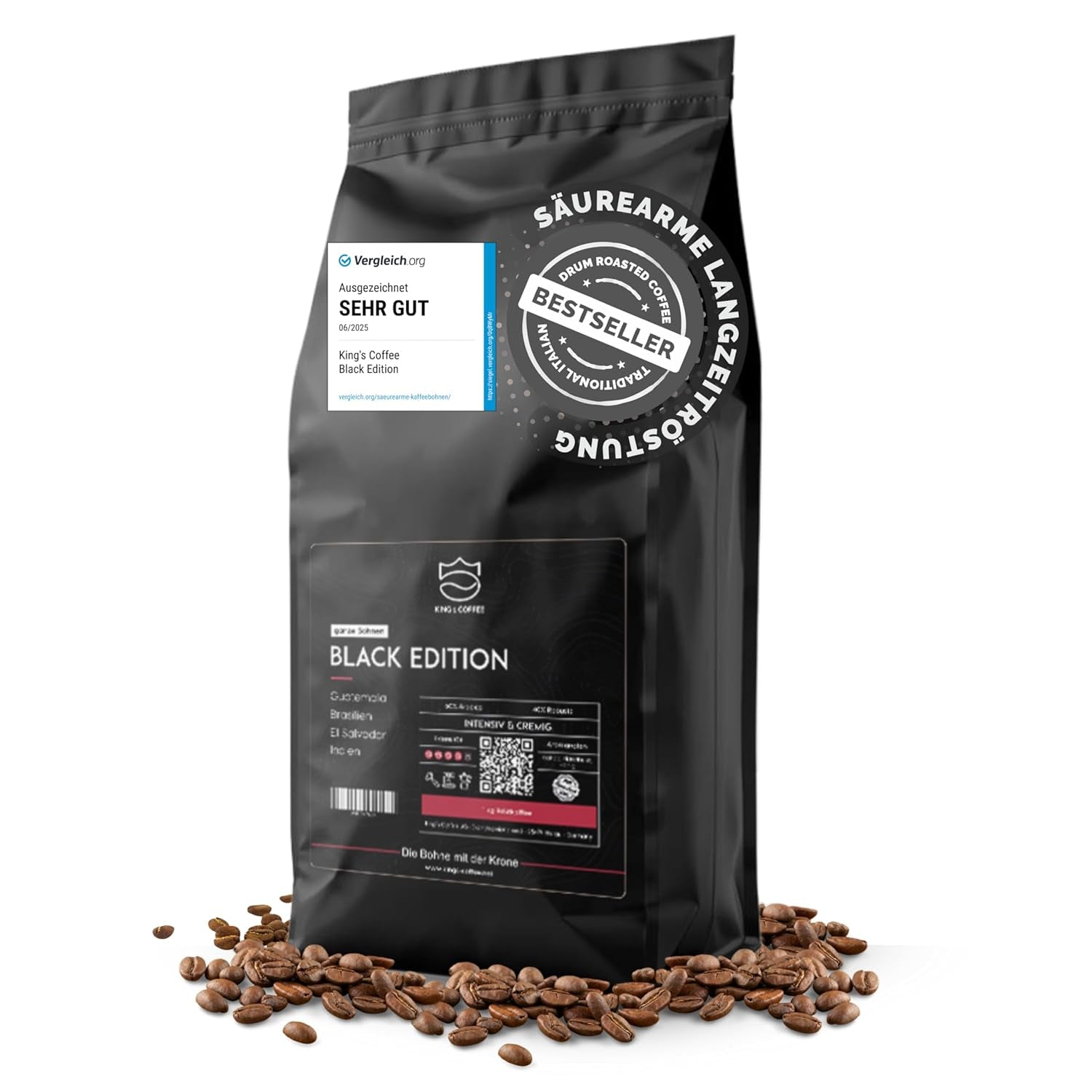 KING'S COFFEE - BLACK EDITION - 1 kg Intense smetanová zrnková káva - Káva s nízkou kyselostí - Malá dávka pražená z Itálie - Silná zrna Arabica Espresso (směs) pro plně automatické a portafiltrační stroje