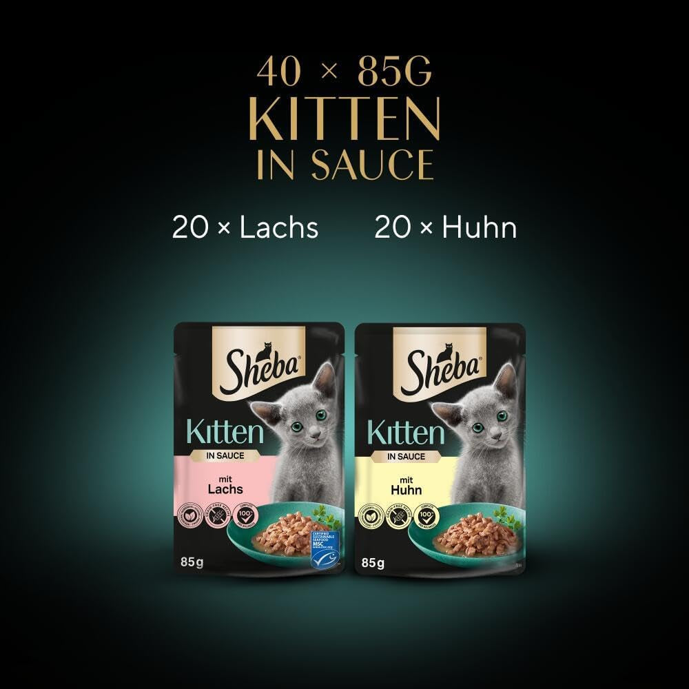 Sheba mokré krmivo pro koťata, v různých sáčcích, s lososem (MSC) a kuřecím masem v omáčce, multipack 40x85g
