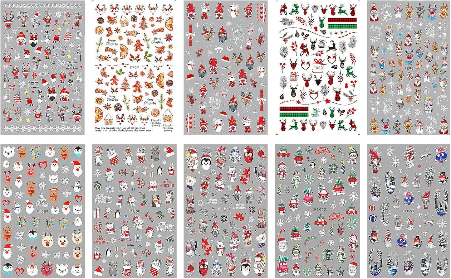 JMEOWIO Nagelsticker Weihnachten 10 Blatt Nail Art Sticker Selbtklebend Nagelaufkleber Schneeflocke Winter Urlaub Süß Dekoration Nageldesign Zubehör