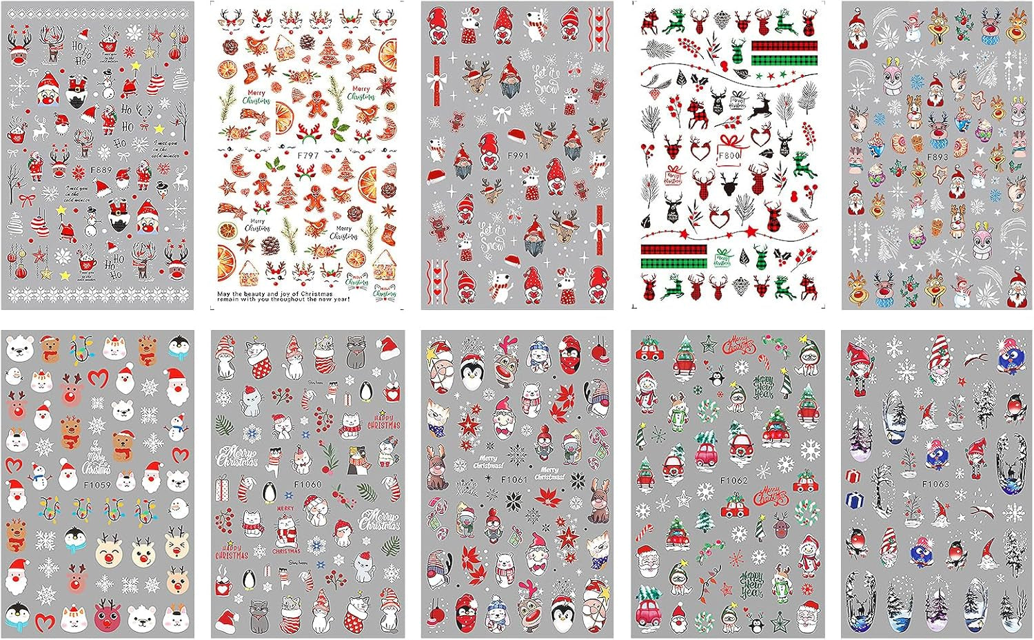 JMEOWIO Nagelsticker Weihnachten 10 Blatt Nail Art Sticker Selbtklebend Nagelaufkleber Schneeflocke Winter Urlaub Süß Dekoration Nageldesign Zubehör