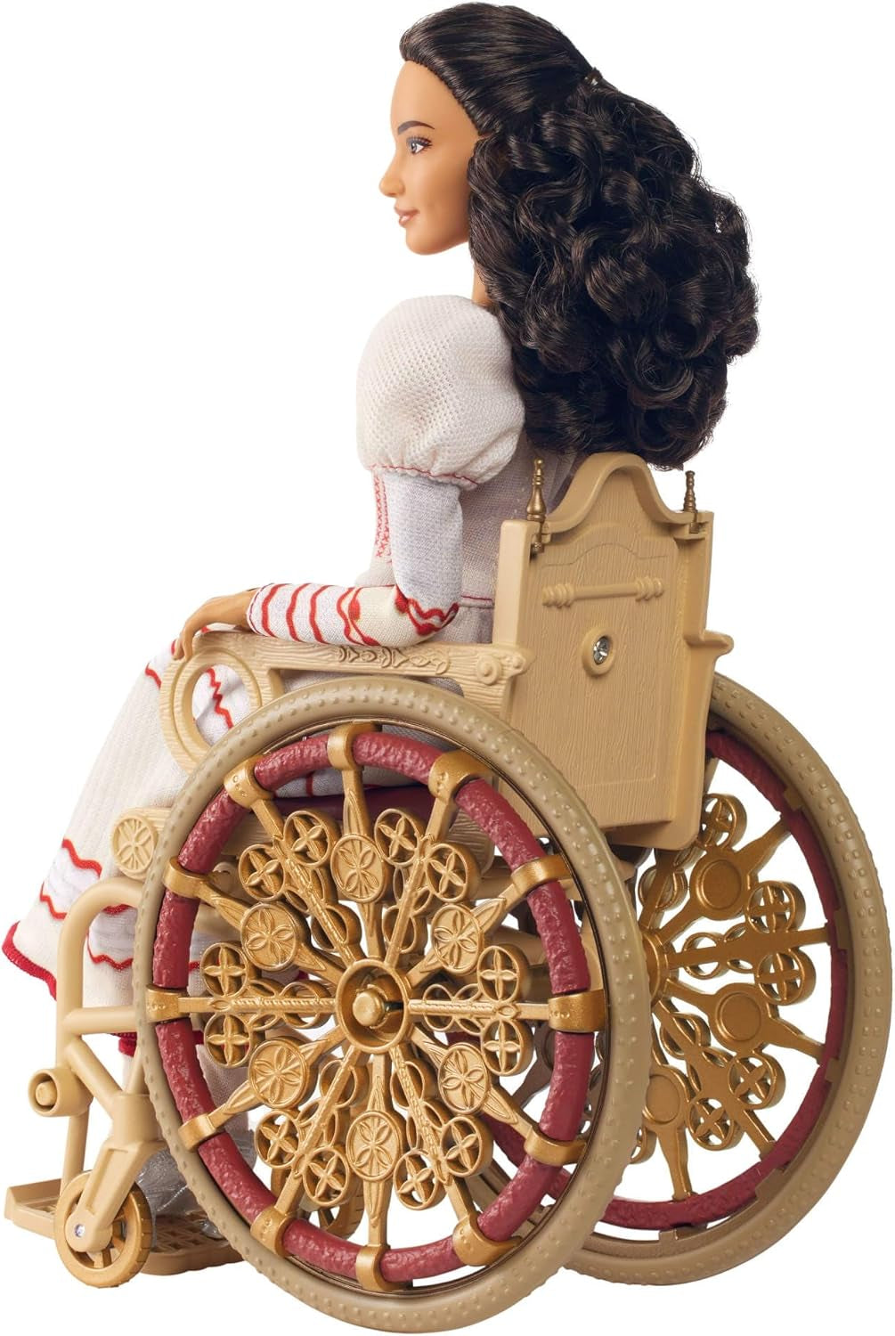 Módní panenka Mattel Wicked Nessarose a doplňky, včetně invalidního vozíku, s kudrnatými hnědými vlasy, různými pozicemi a odepínatelnými plesovými šaty, HXY36