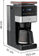 Espresso kávovar KRUPS Grind Aroma XL, odnímatelný kónický mlýnek, digitální ovládací panel, kapacita XL (1,5 l), funkce udržování teploty, skleněná karafa, černá/nerezová ocel, KM842810