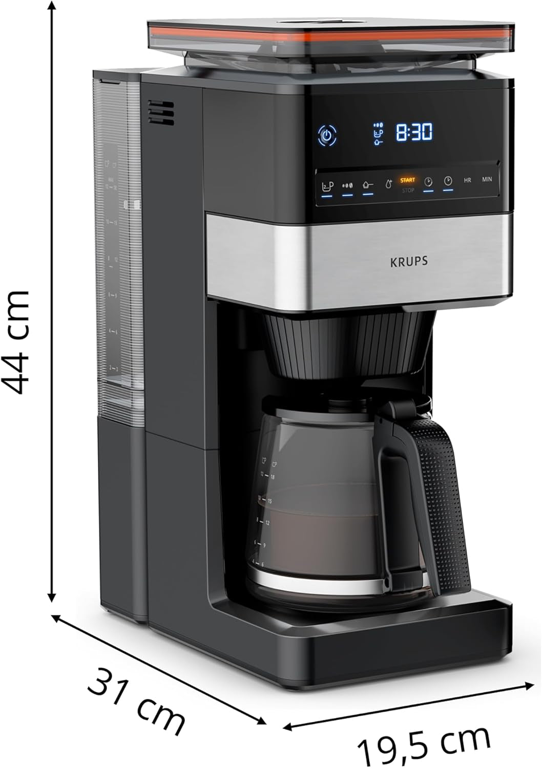 Espresso kávovar KRUPS Grind Aroma XL, odnímatelný kónický mlýnek, digitální ovládací panel, kapacita XL (1,5 l), funkce udržování teploty, skleněná karafa, černá/nerezová ocel, KM842810