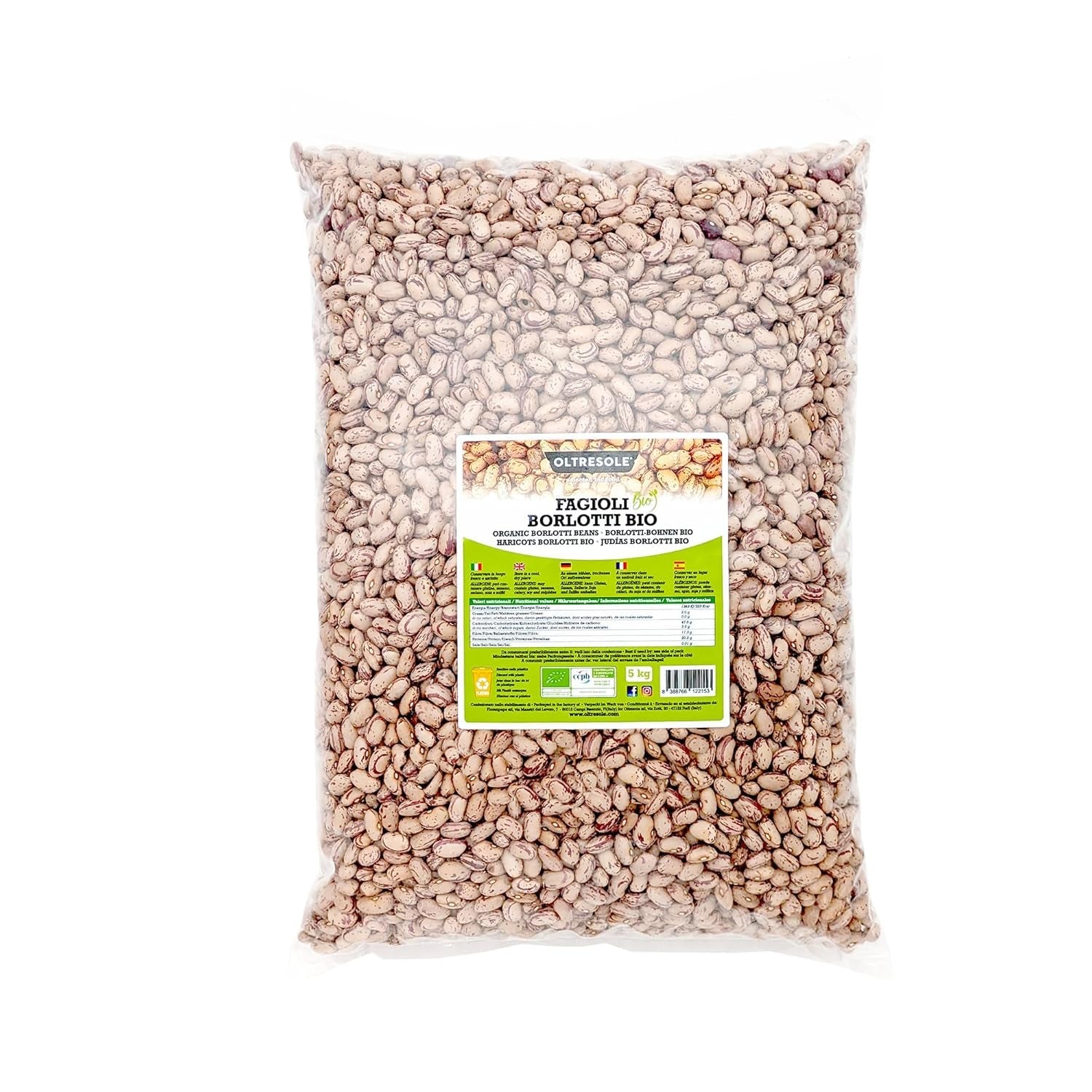 Bio fazole Borlotti 5 kg, Sušené bio luštěniny z kontrolovaných plodin, Ideální do salátů, polévek a příloh, Pohodlný formát