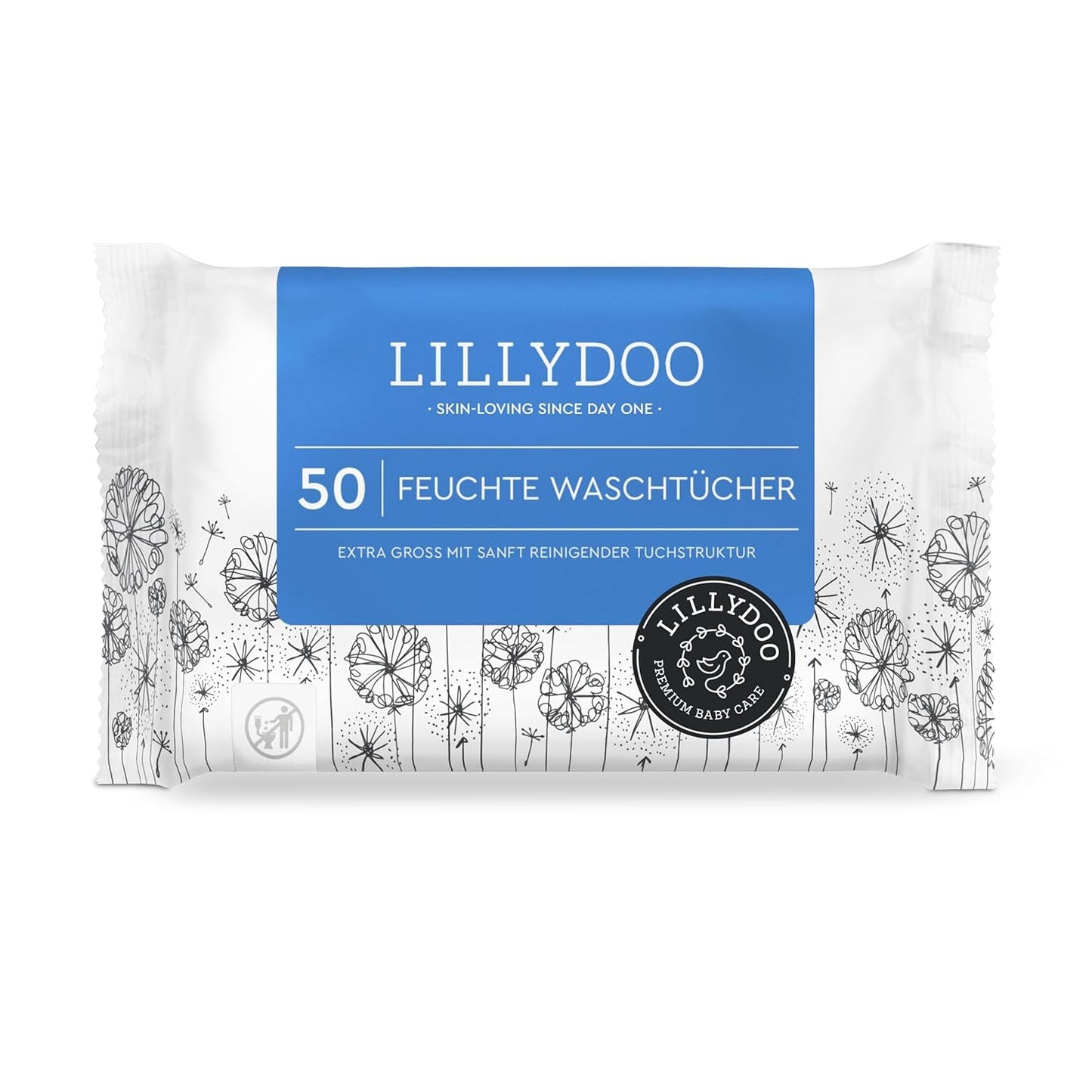 LILLYDOO vlhčené ubrousky 50 kusů 100% extra velké ubrousky bez plastů Neparfémované