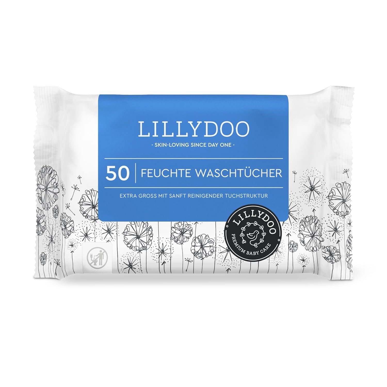 LILLYDOO vlhčené ubrousky 50 kusů 100% extra velké ubrousky bez plastů Neparfémované