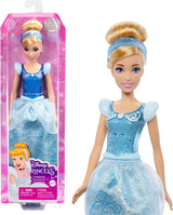 Mattel DISNEY Princess Cinderella - Pohyblivá panenka se třpytivým kostýmem, odnímatelné boty a diadém, rozčesatelné vlasy pro kadeřnickou zábavu, pro děti od 3 let, HLW06 Naty Shop Dolls Cinderella