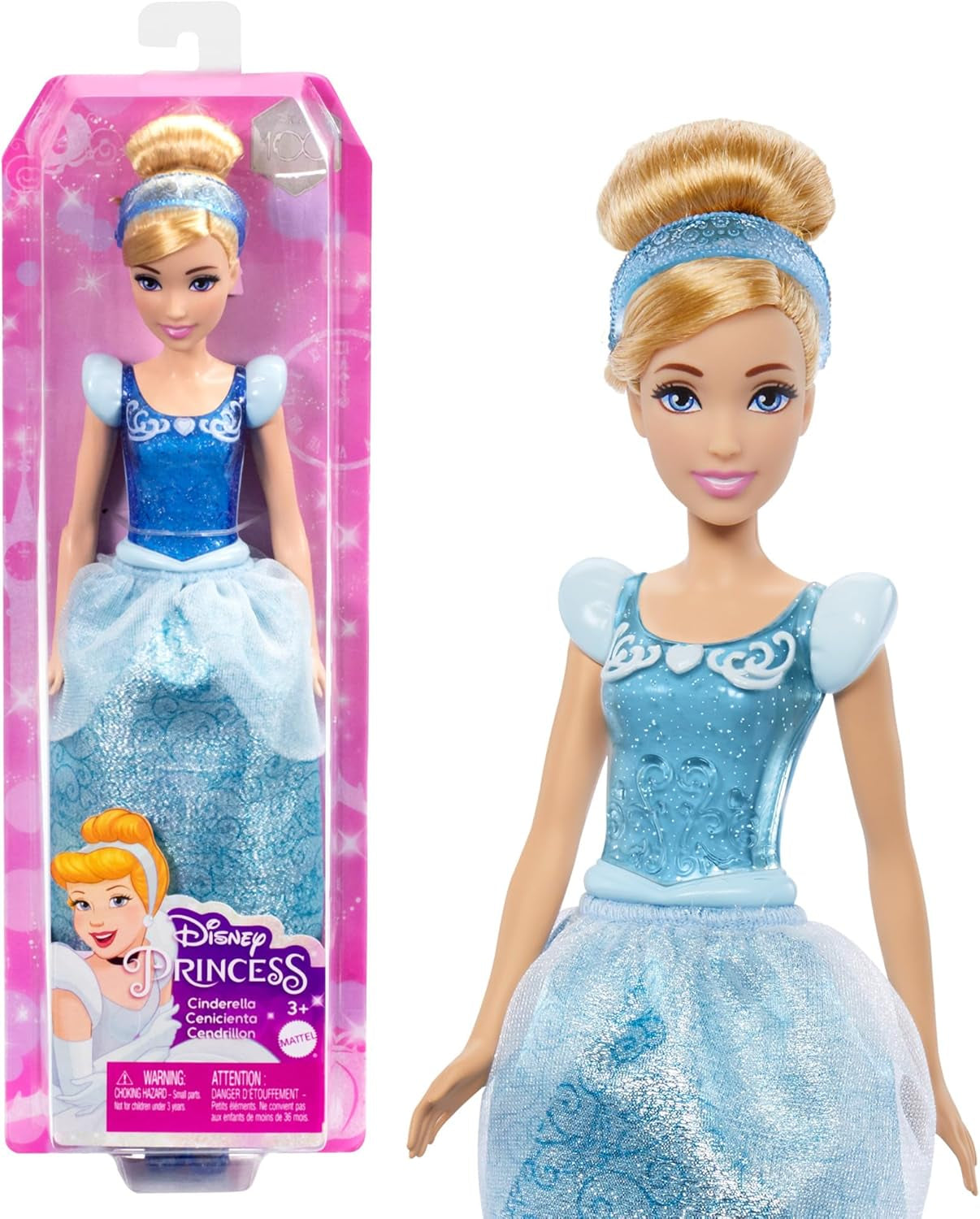 Mattel DISNEY Princess Cinderella - Pohyblivá panenka se třpytivým kostýmem, odnímatelné boty a diadém, rozčesatelné vlasy pro kadeřnickou zábavu, pro děti od 3 let, HLW06 Naty Shop Dolls Cinderella