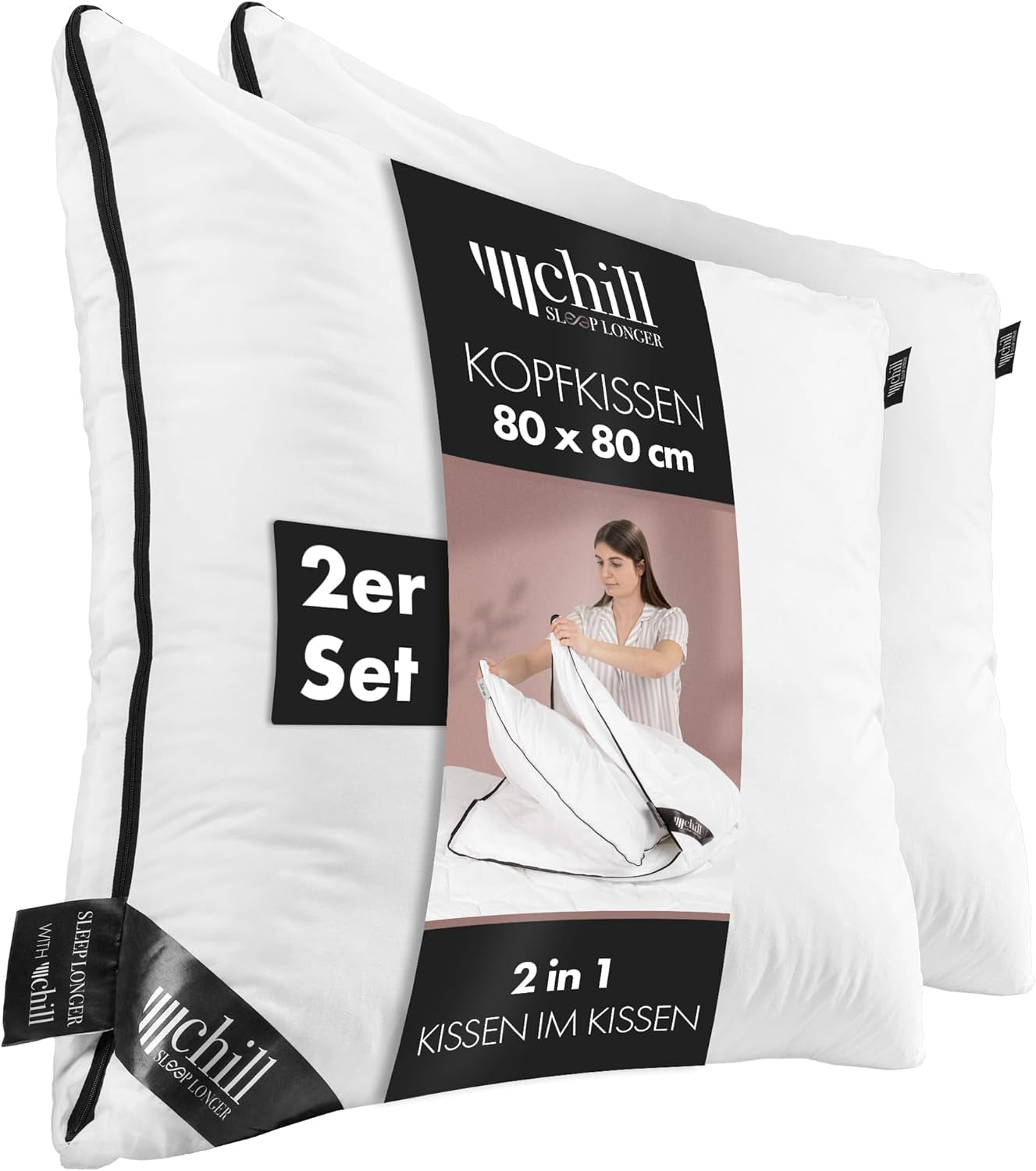 Polštář 80X80 Cm - design 2v1 - polštář v polštáři - prodyšný a pratelný velký polštář na spaní a 100% vegan - 2 polštáře 3 možnosti - polštář s náplní 600G & 1200G Standardní polštáře Naty Shop Prémiový polštář Sada 2 - 80 X 80 Cm