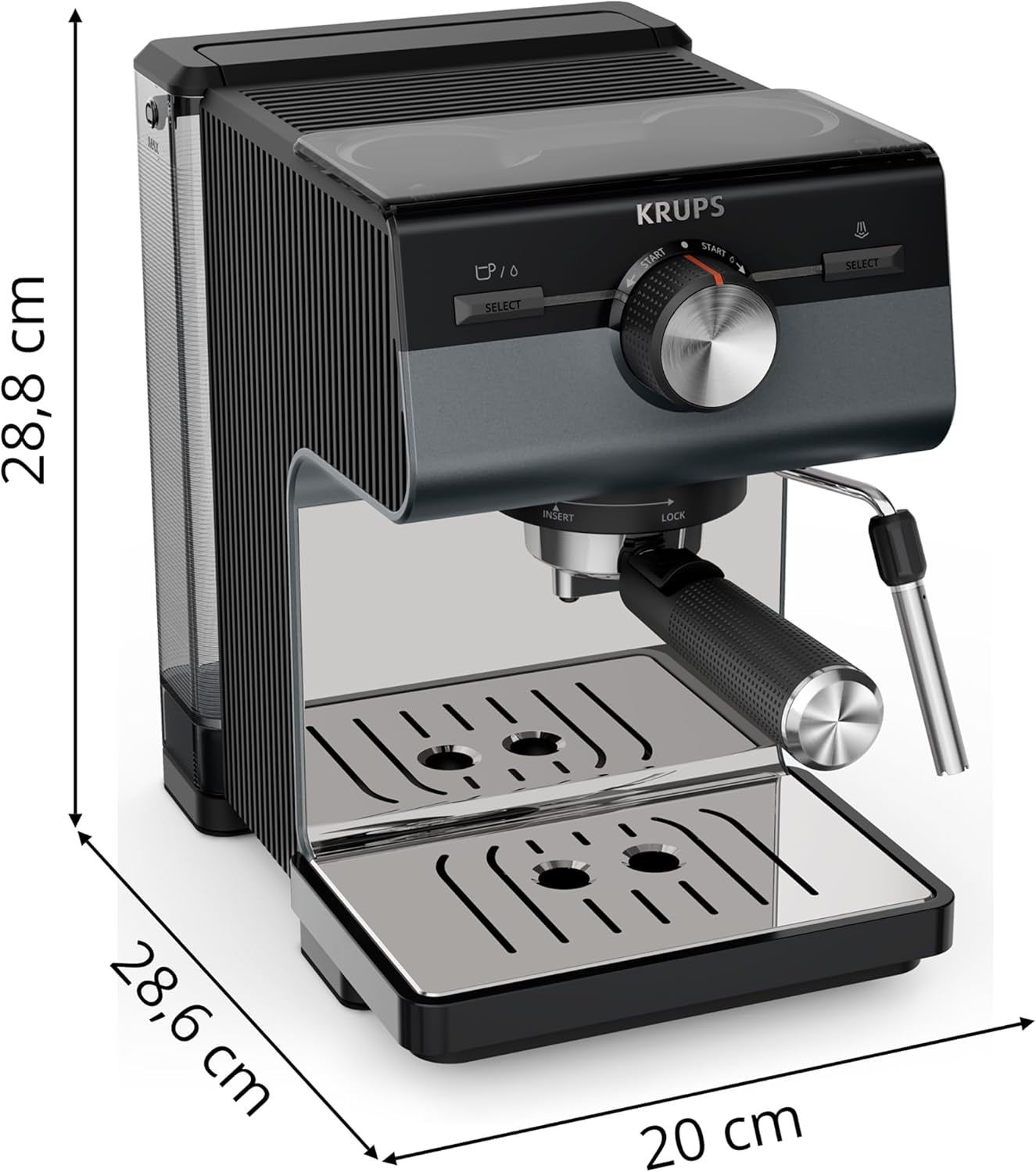 Espresso KRUPS Authentic+, 15 bar, intuitivní ovládání, propracovaný design, parní tryska, včetně rozšířeného příslušenství, Bullet Dark silver/Stainless steel, XP384G10